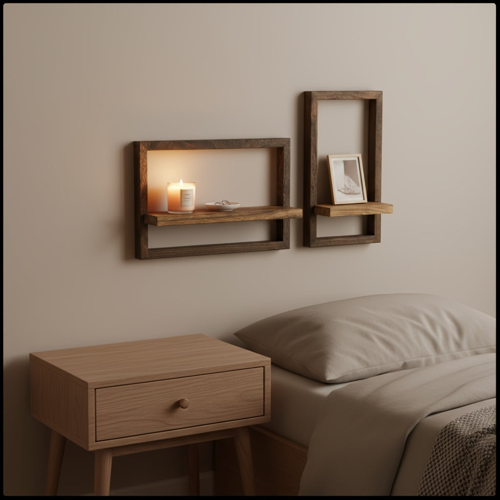 A Set of 2 Paulownia Wood Floating Shelves - Rich Brown Horizontal and Vertical Rectangular Racks for Home Decor, Small Ornament Storage for Living Room\u002FBedroom\u002FBathroom
