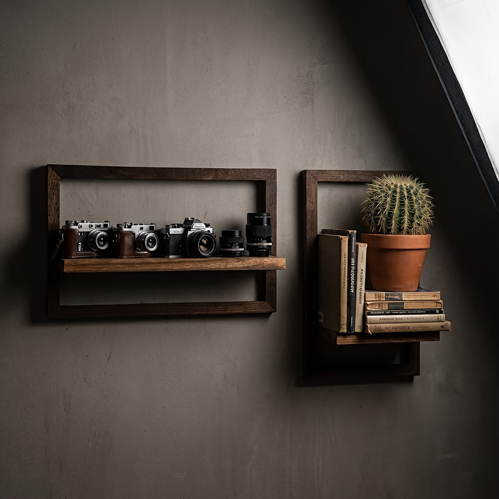 A Set of 2 Paulownia Wood Floating Shelves - Rich Brown Horizontal and Vertical Rectangular Racks for Home Decor, Small Ornament Storage for Living Room\u002FBedroom\u002FBathroom