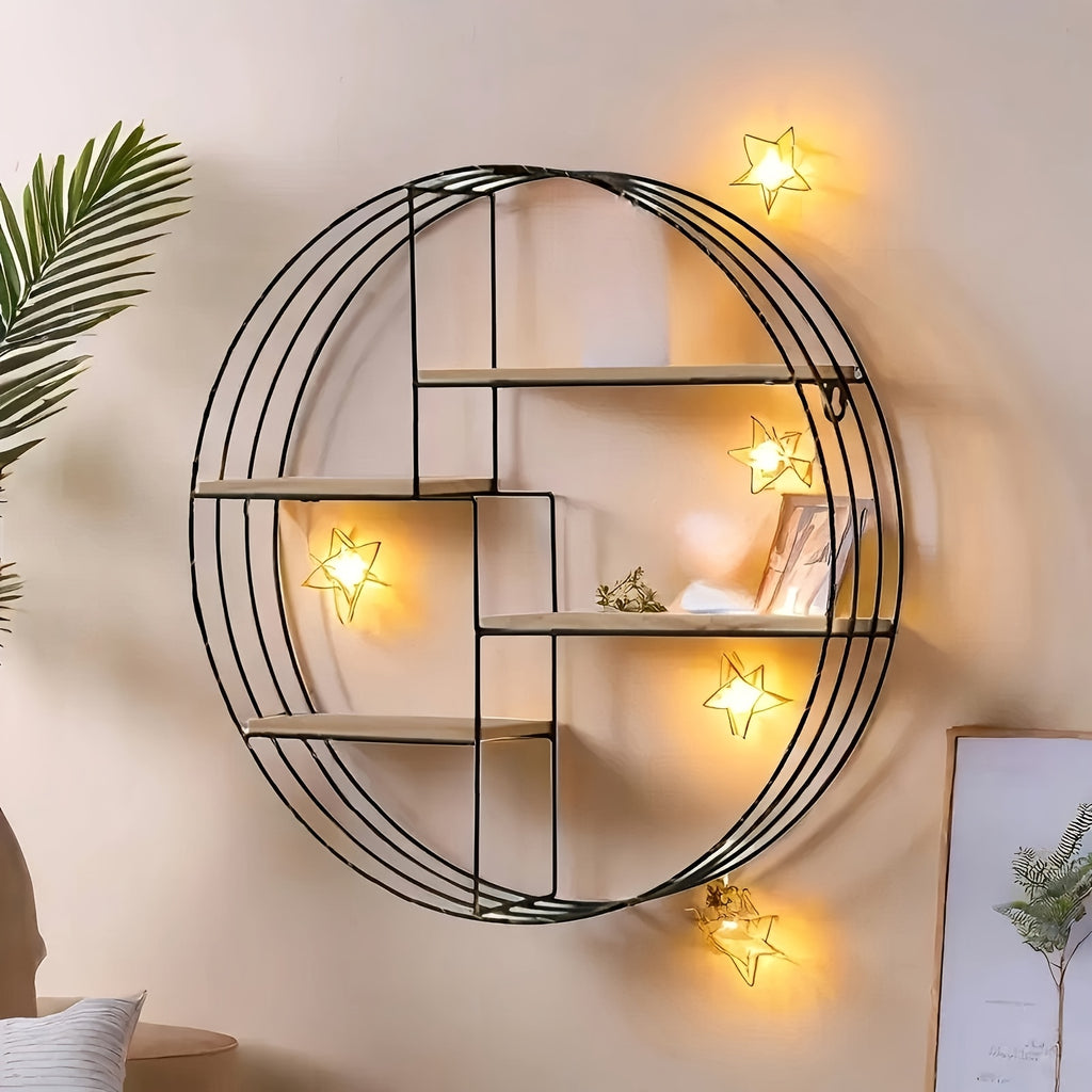 Golden, Black, Four-layer Multi-functional Storage Shelf, Round Wall-mounted Floating Shelf - Iron and Wood Combination, Living Room, Bedroom, Bathroom, Dining and Farmhouse Storage Multi-functional Organizer (lights Not Included), Floating Shelves