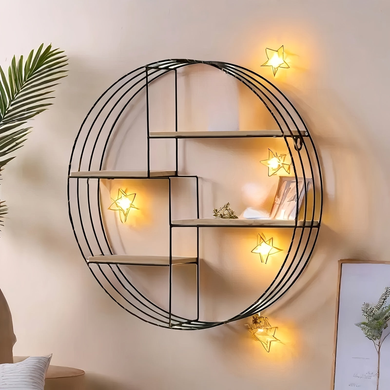 Golden, Black, Four-layer Multi-functional Storage Shelf, Round Wall-mounted Floating Shelf - Iron and Wood Combination, Living Room, Bedroom, Bathroom, Dining and Farmhouse Storage Multi-functional Organizer (lights Not Included), Floating Shelves