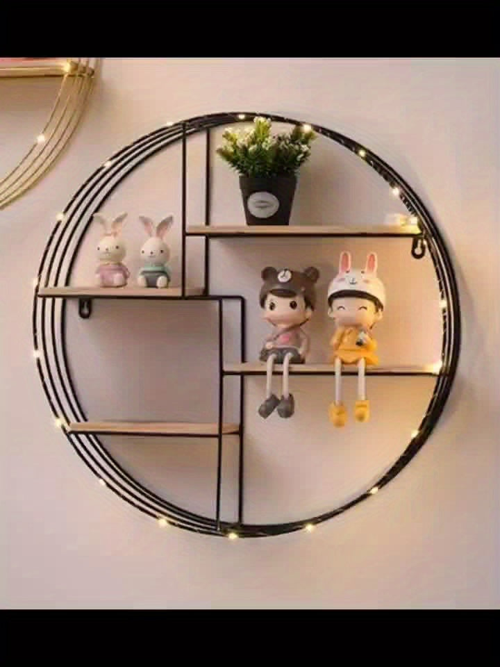 Golden, Black, Four-layer Multi-functional Storage Shelf, Round Wall-mounted Floating Shelf - Iron and Wood Combination, Living Room, Bedroom, Bathroom, Dining and Farmhouse Storage Multi-functional Organizer (lights Not Included), Floating Shelves