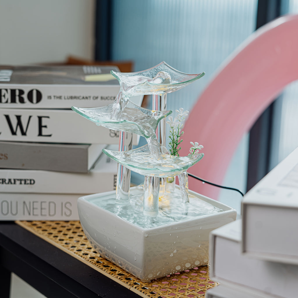 1pc Glass Tabletop Fountain Fiberglass And Ceramic Material Office Tabletop Water Fountain Elegant Ceramic Water Fountain for Home Decoration Glass Water Fountain with Nice LED Business Gifts Decoration Fountain for Tabletop And for Home Decoration