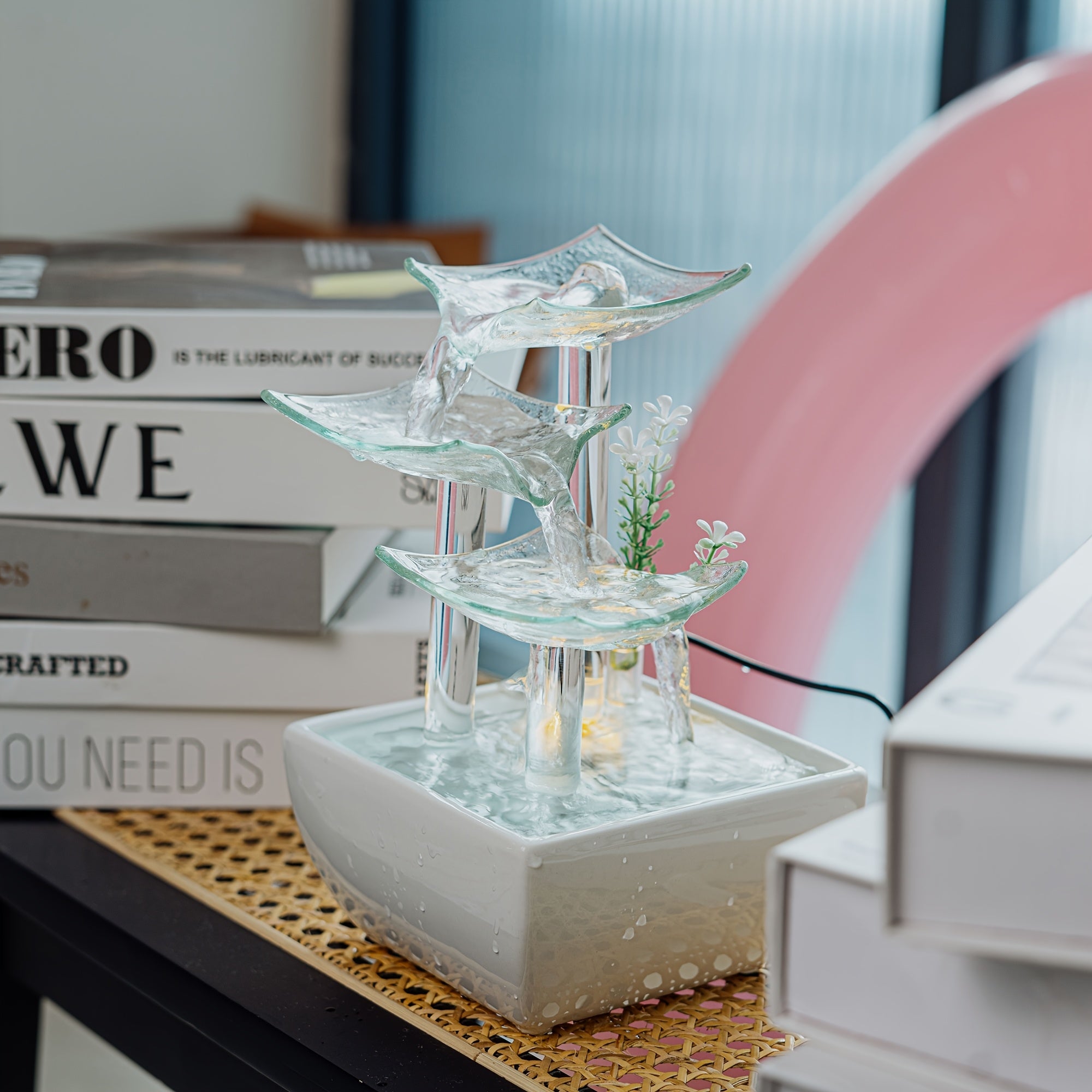 1pc Glass Tabletop Fountain Fiberglass And Ceramic Material Office Tabletop Water Fountain Elegant Ceramic Water Fountain for Home Decoration Glass Water Fountain with Nice LED Business Gifts Decoration Fountain for Tabletop And for Home Decoration