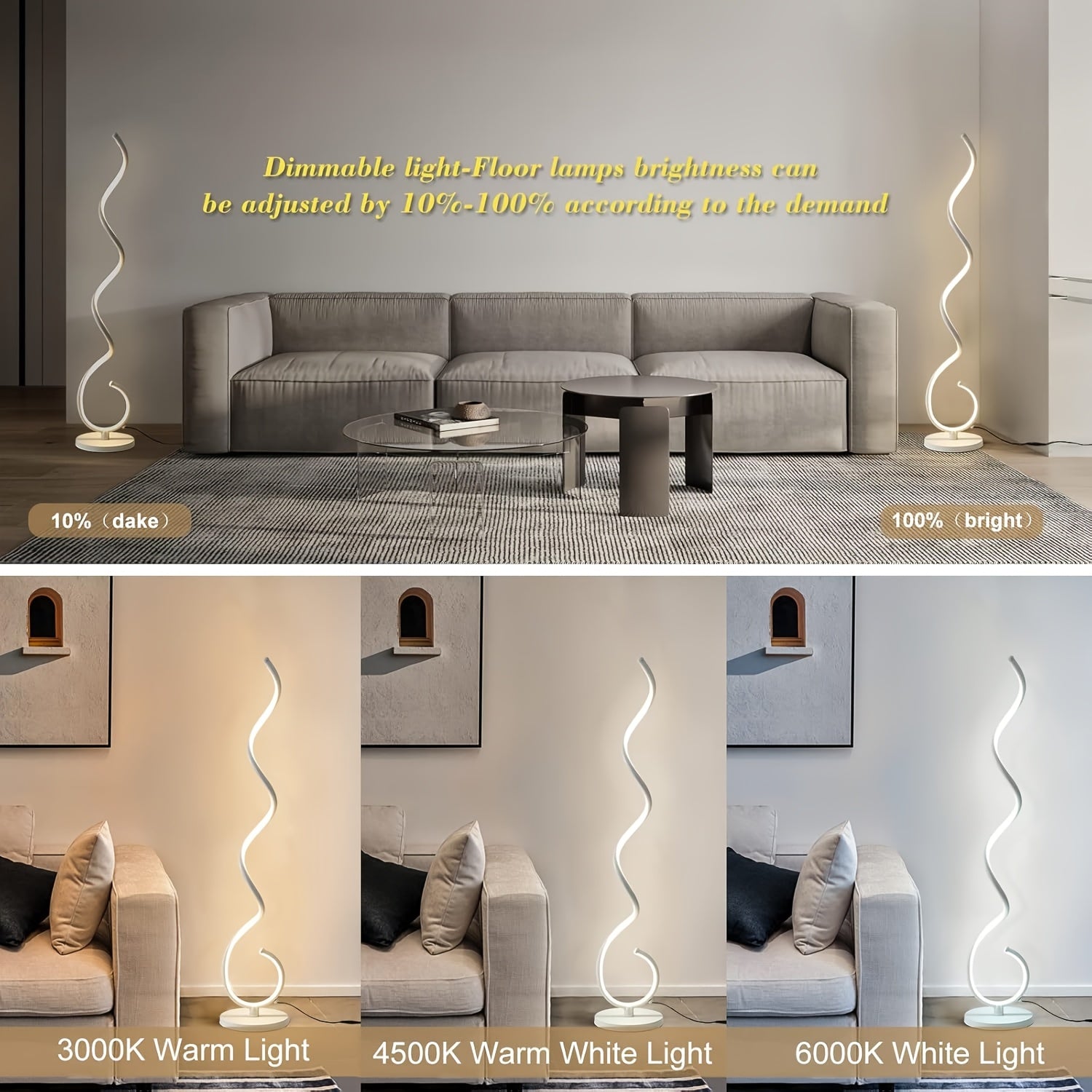 Spiral Floor Lamp 150CM 48W Modern Standing Lamp 3-Color Temperature Dimmable Timing Corner Lamp With Foot Button Switch Reading Lamp For Living Room Indoor Remote Control Tall Lamp