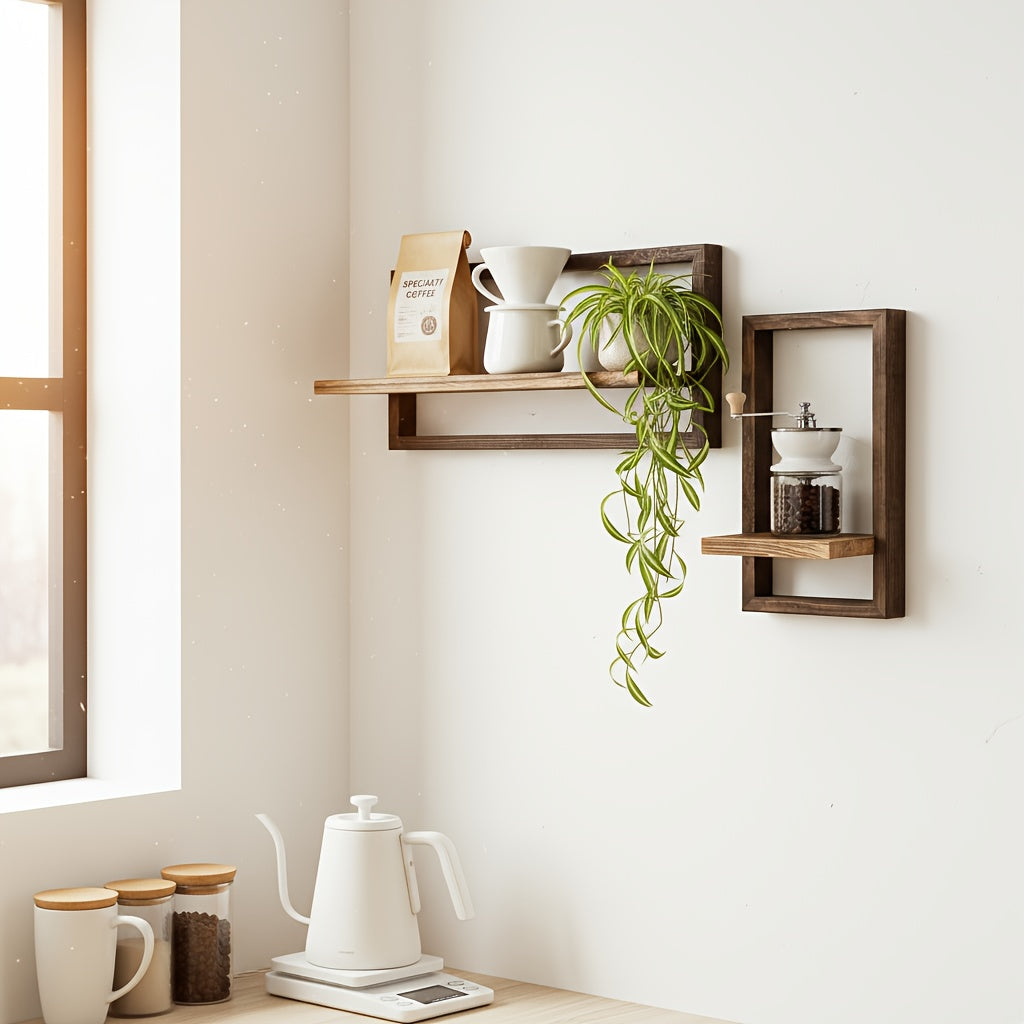 A Set of 2 Paulownia Wood Floating Shelves - Rich Brown Horizontal and Vertical Rectangular Racks for Home Decor, Small Ornament Storage for Living Room\u002FBedroom\u002FBathroom