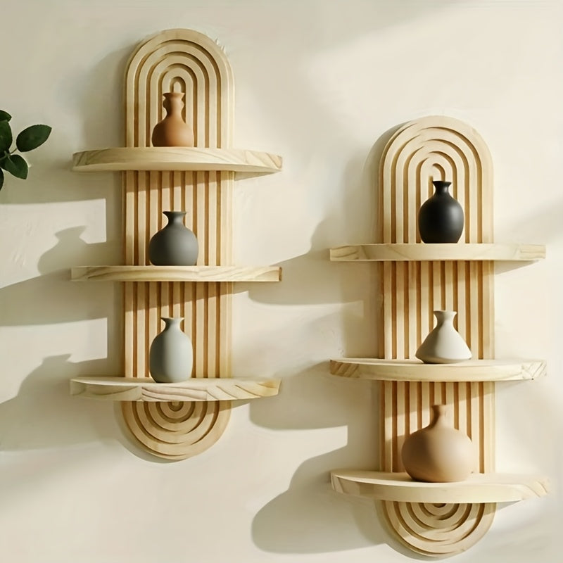 Natural Wood Color Bohemian-Style Three-Tier Wooden Shelf - Ergonomically Designed, Space-Saving Curved Layered Storage Rack, Suitable for 100 Scenarios Including Bathroom, Living Room, Bedroom, And Kitchen - Modern Farmhouse Decor