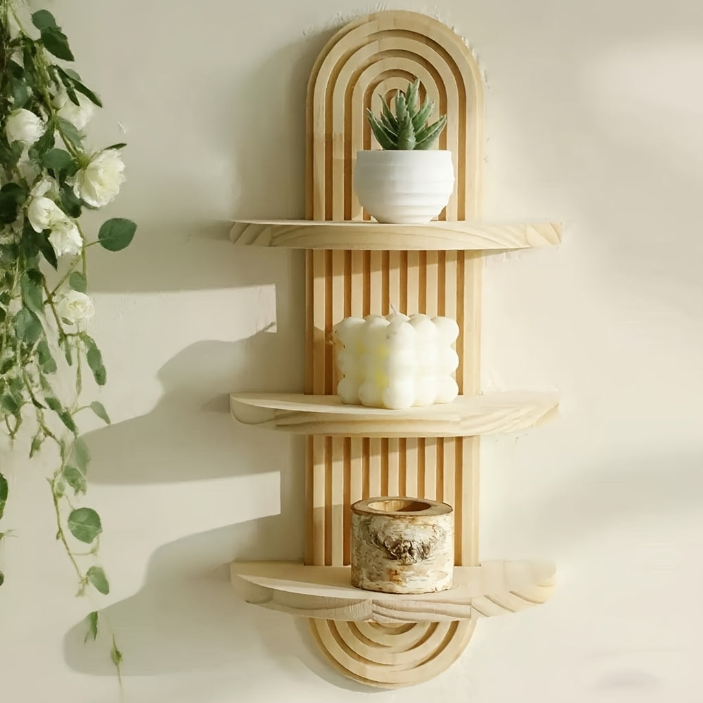Natural Wood Color Bohemian-Style Three-Tier Wooden Shelf - Ergonomically Designed, Space-Saving Curved Layered Storage Rack, Suitable for 100 Scenarios Including Bathroom, Living Room, Bedroom, And Kitchen - Modern Farmhouse Decor