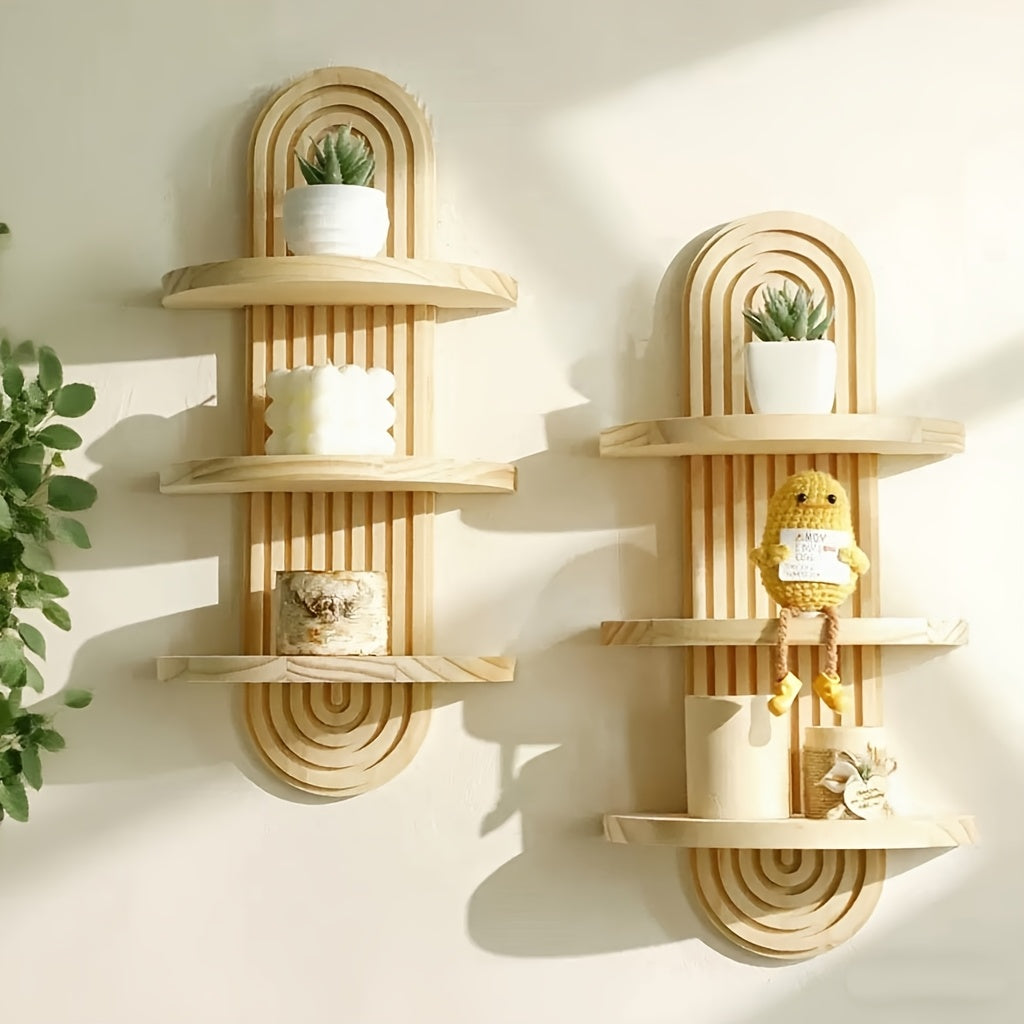 Natural Wood Color Bohemian-Style Three-Tier Wooden Shelf - Ergonomically Designed, Space-Saving Curved Layered Storage Rack, Suitable for 100 Scenarios Including Bathroom, Living Room, Bedroom, And Kitchen - Modern Farmhouse Decor