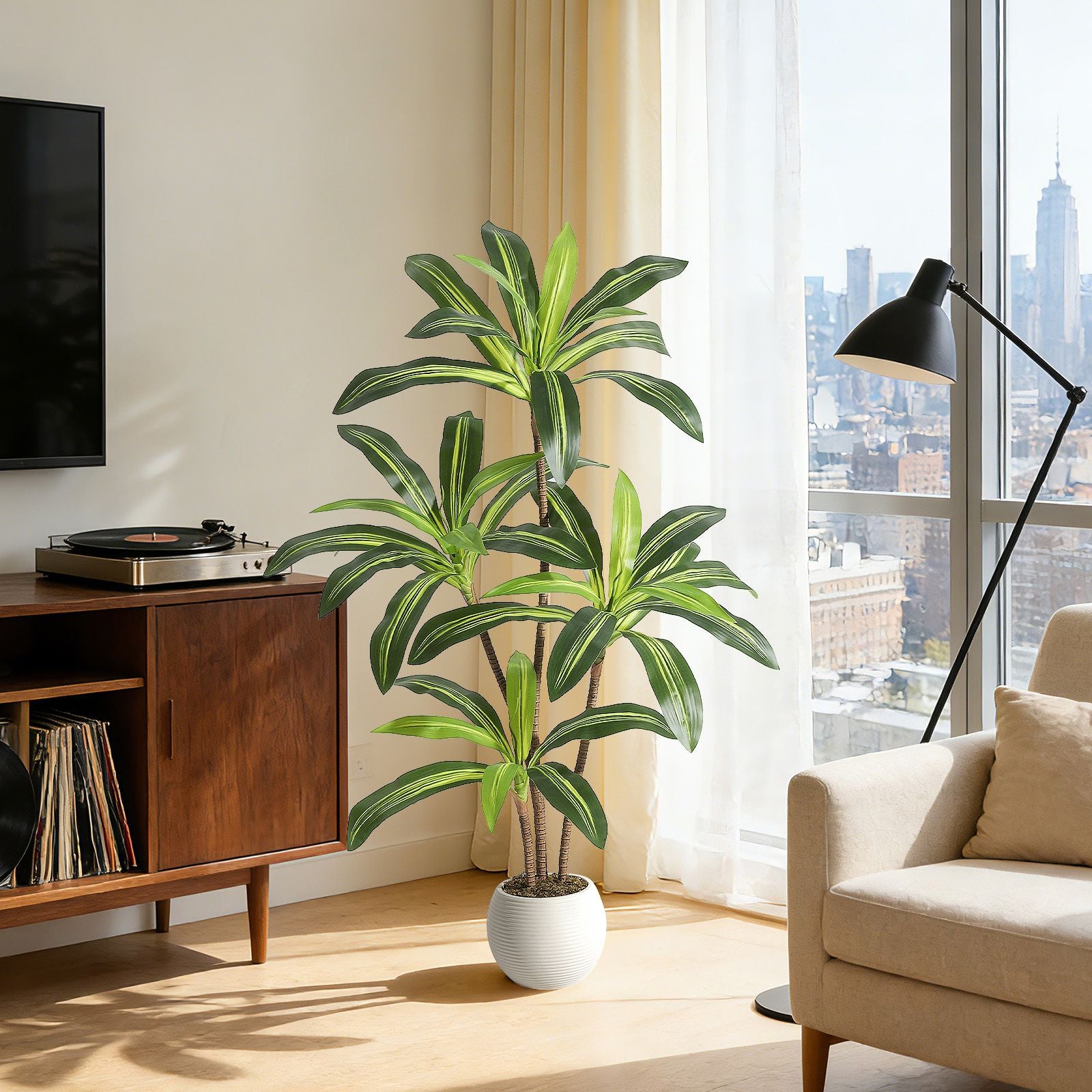 1pc Realistic Artificial Dracaena Tree\u002FYucca Plant in White Ribbed Pot - Low-Maintenance Fake Floor Tree Suitable for, Office, \u002F Decor, Plastic Faux Yucca with Pot for Parties, Events, Modern Spaces - No Maintenance