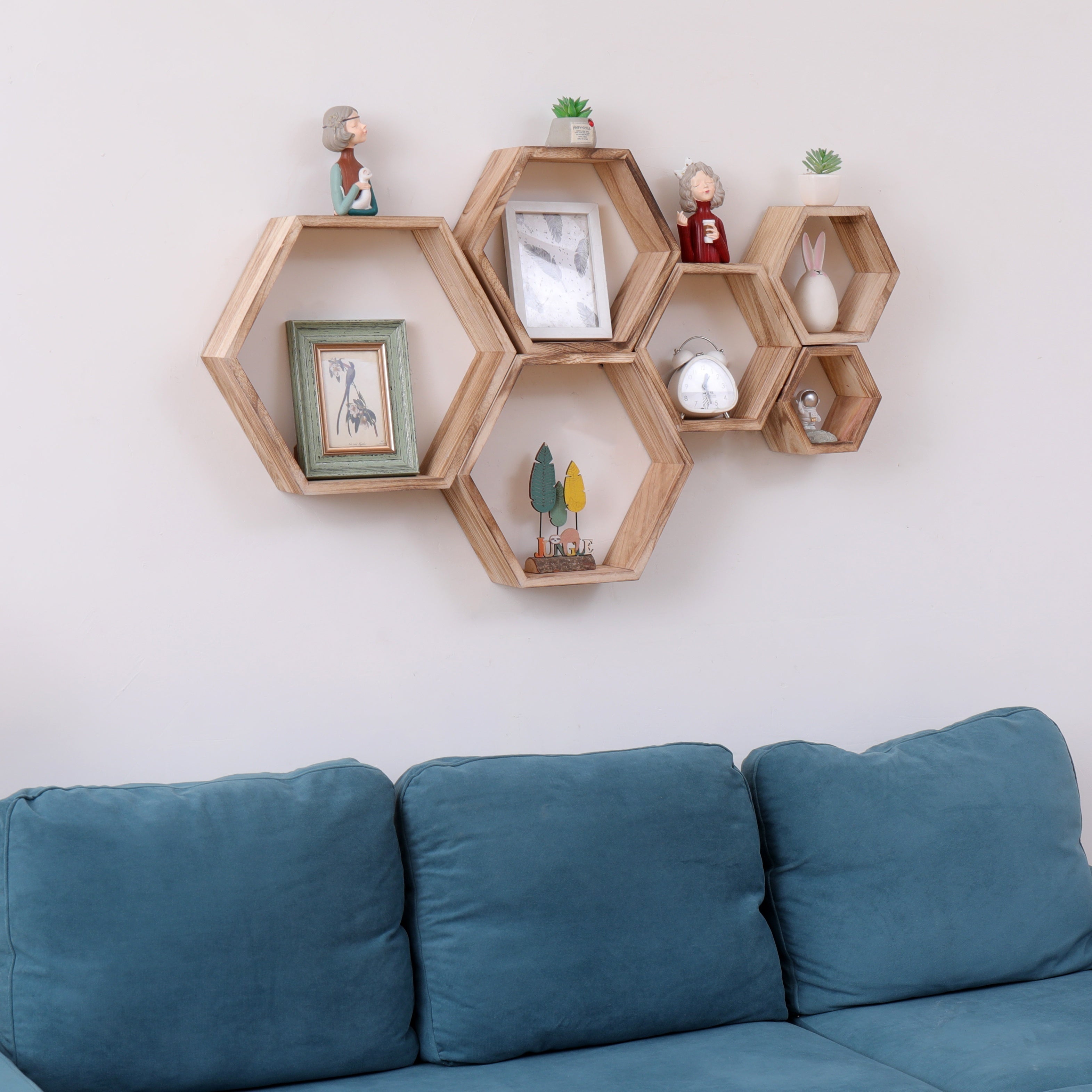 5pcs Driftwood Finish Hexagon Floating Shelves - Wall Mounted Wood Storage for Bathroom, Bedroom, Living Room