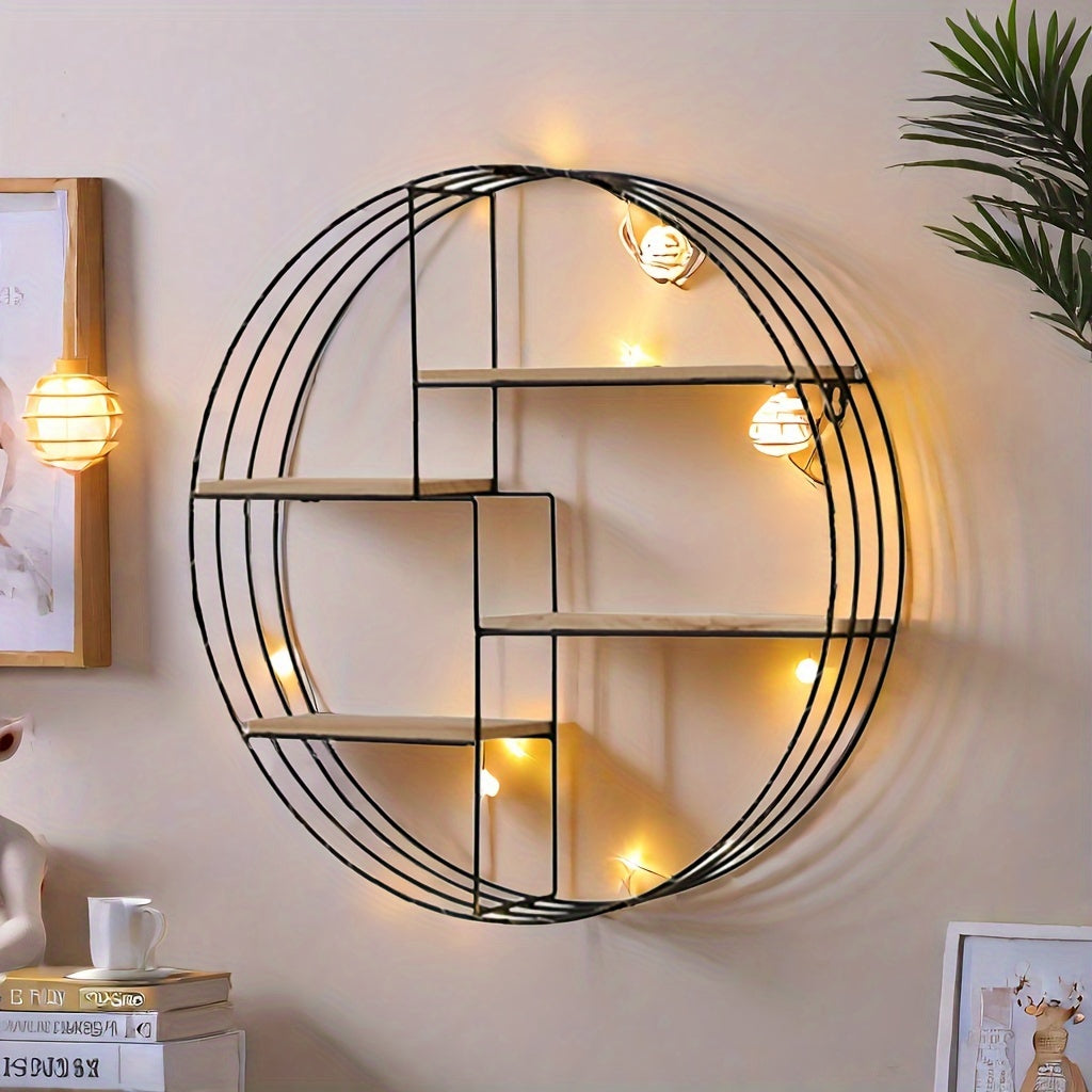 Golden, Black, Four-layer Multi-functional Storage Shelf, Round Wall-mounted Floating Shelf - Iron and Wood Combination, Living Room, Bedroom, Bathroom, Dining and Farmhouse Storage Multi-functional Organizer (lights Not Included), Floating Shelves