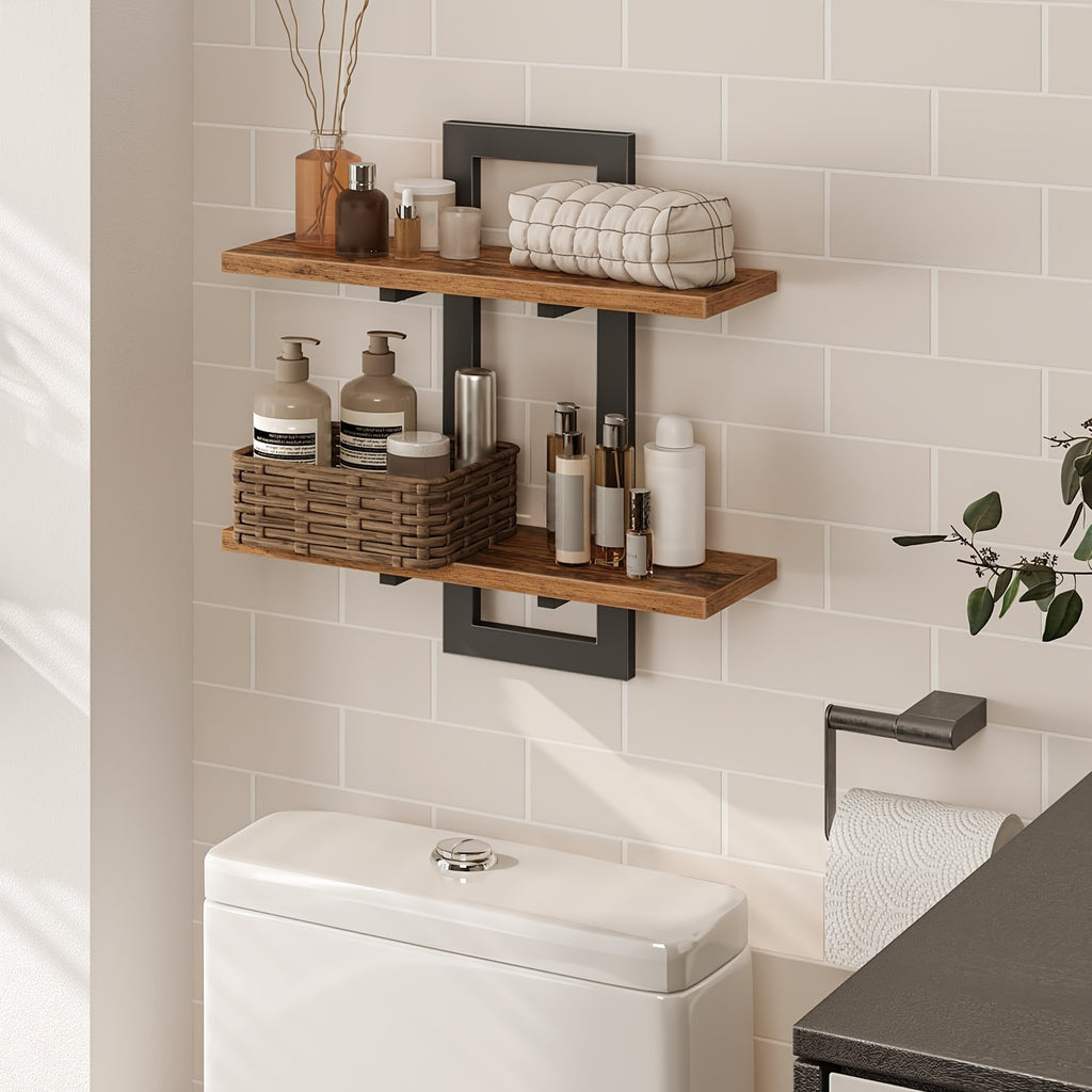 Floating Wood Shelves Set Of 2, Farmhouse Wall Mounted Shelf for Bedroom, Bathroom Shelves for Storage, Modern Display Rack for Decor, Hanging Wall Shelves for Room - Rustic Brown, Floating Shelves