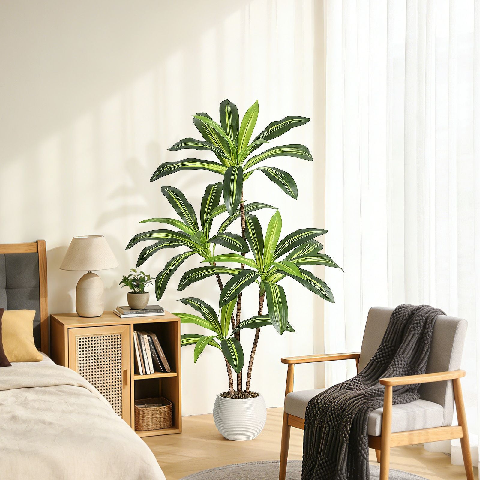 1pc Realistic Artificial Dracaena Tree\u002FYucca Plant in White Ribbed Pot - Low-Maintenance Fake Floor Tree Suitable for, Office, \u002F Decor, Plastic Faux Yucca with Pot for Parties, Events, Modern Spaces - No Maintenance