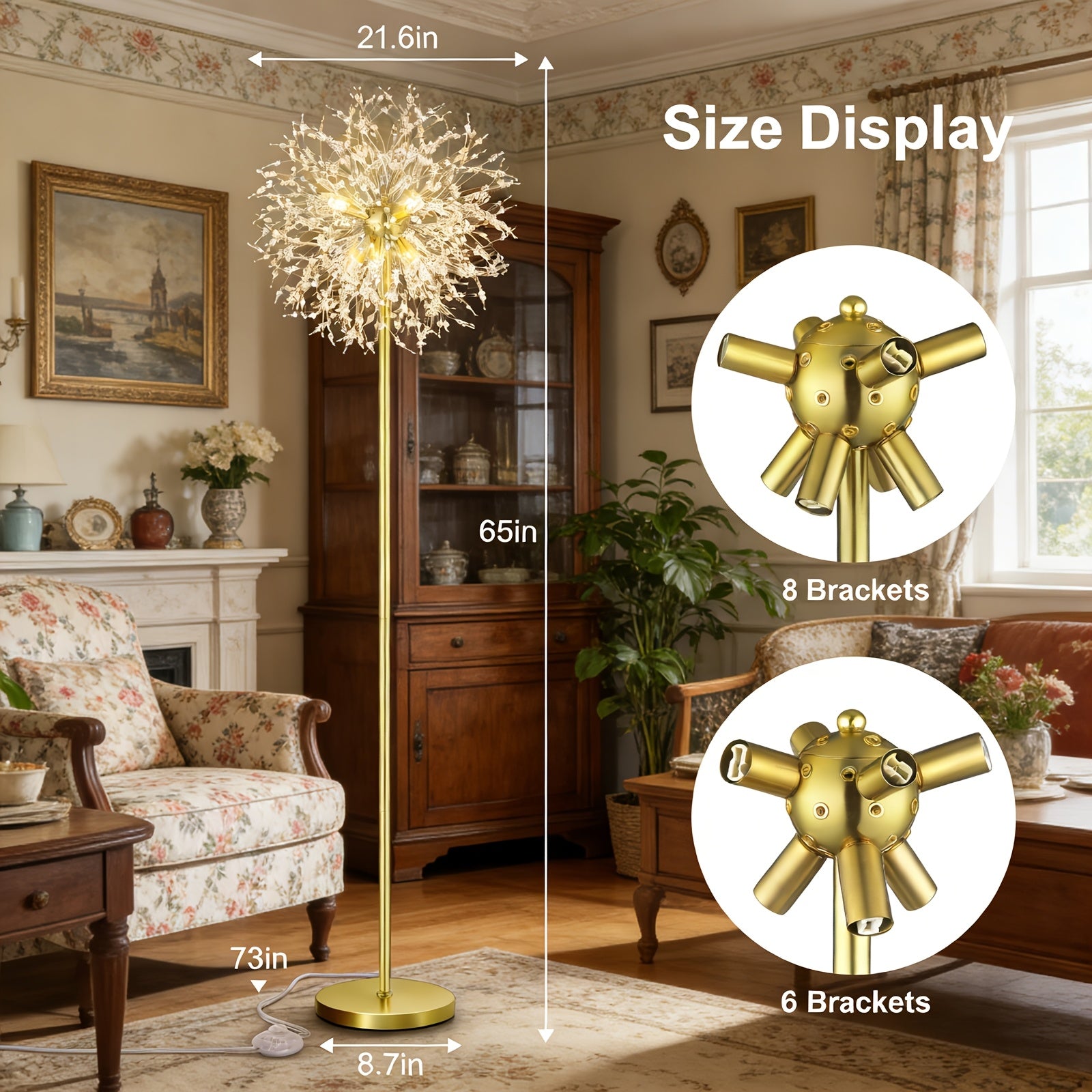 Modern Floor Lamp for Room: Golden Crystal Floor Lamps Tall Elegant Standing Lamp with On-Off Foot Switch - Standing Lamp for Bedroom - Tall Floor Lamp for Office Corner Bulbs,Living Room Floor Lamp, Gift, Festival, Ambient Light, No Included