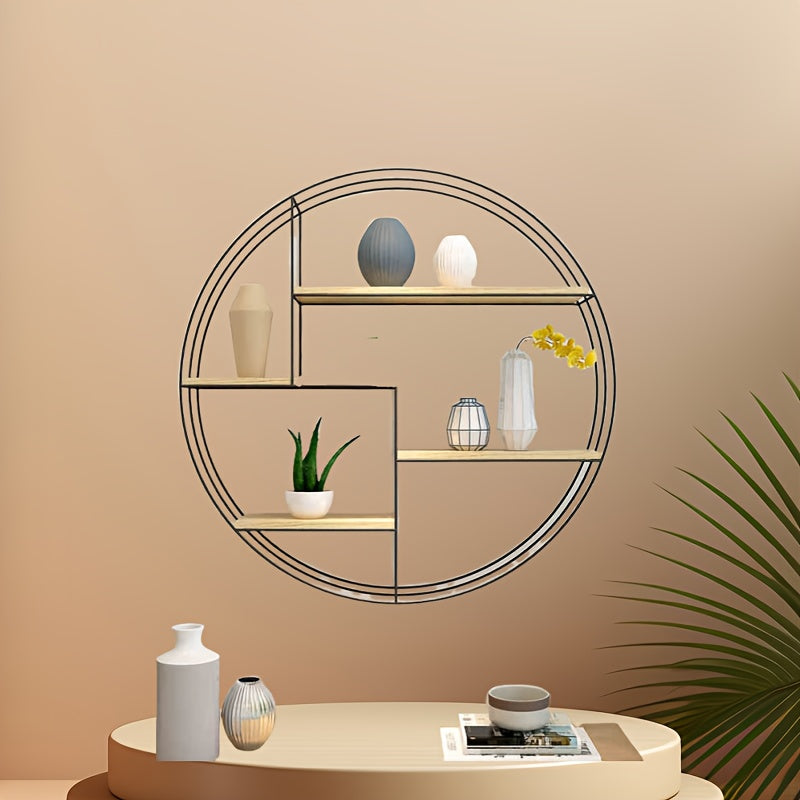 Golden, Black, Four-layer Multi-functional Storage Shelf, Round Wall-mounted Floating Shelf - Iron and Wood Combination, Living Room, Bedroom, Bathroom, Dining and Farmhouse Storage Multi-functional Organizer (lights Not Included), Floating Shelves