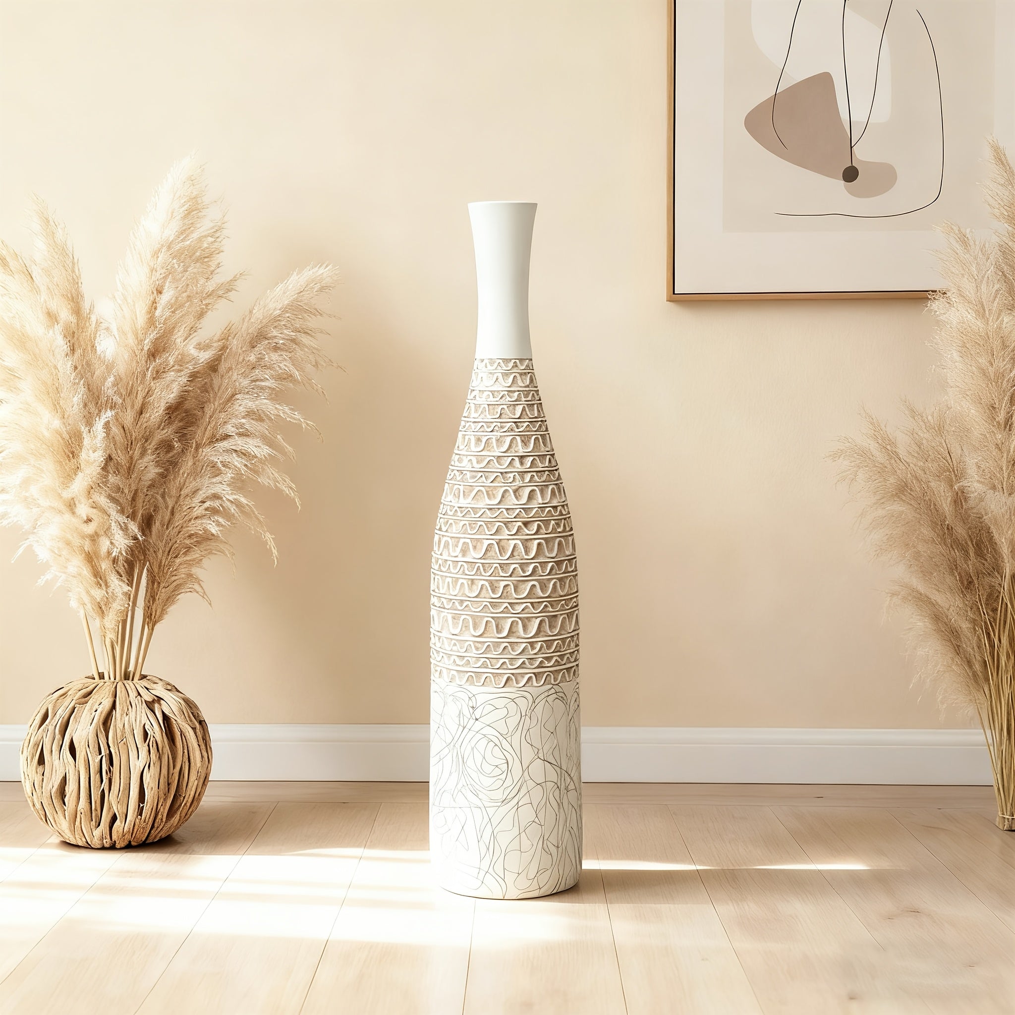 Decorates Living Room Bohemian Style 1pc Resin Floor Vase | Cylinder Shape, Moire Pattern, Ideal for Pampas Grass, Decorates Living Room, Bedroom, Fireplace, Entrance, Perfect as New Year, Wedding, Housewarming Gift