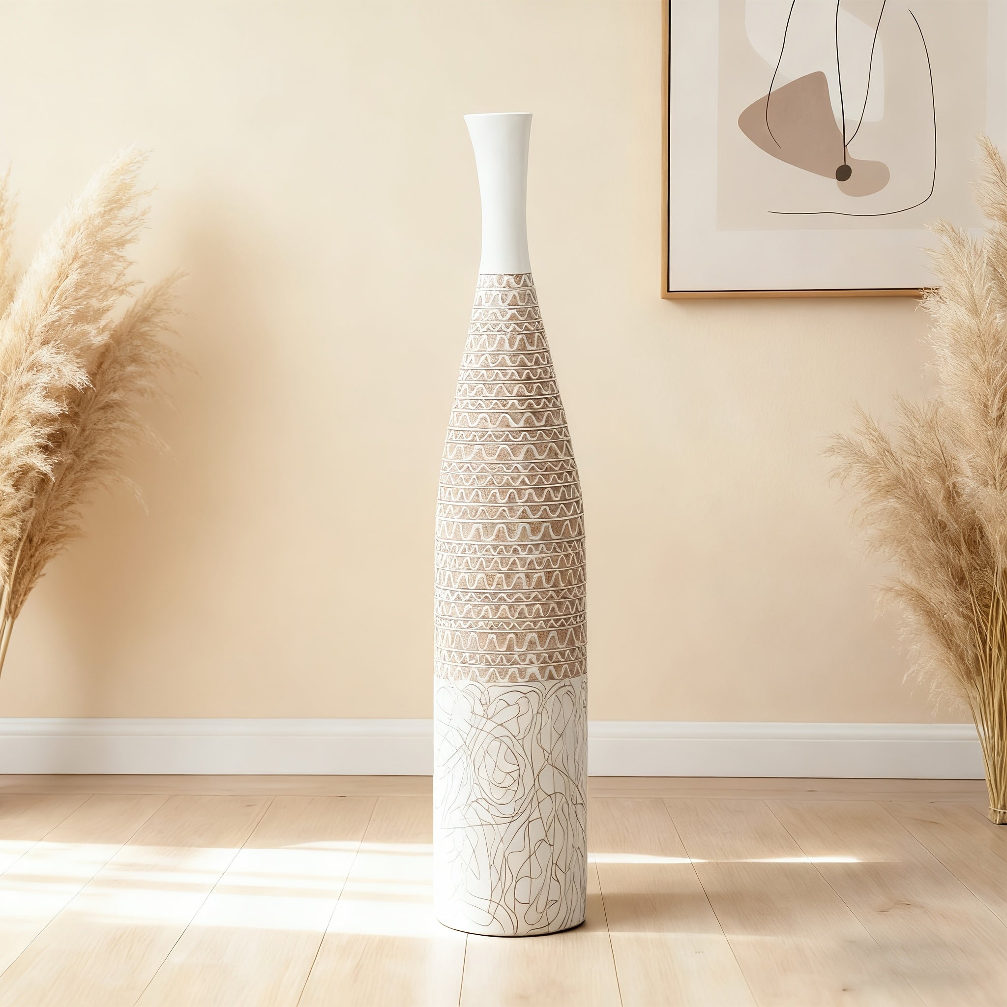 Decorates Living Room Bohemian Style 1pc Resin Floor Vase | Cylinder Shape, Moire Pattern, Ideal for Pampas Grass, Decorates Living Room, Bedroom, Fireplace, Entrance, Perfect as New Year, Wedding, Housewarming Gift