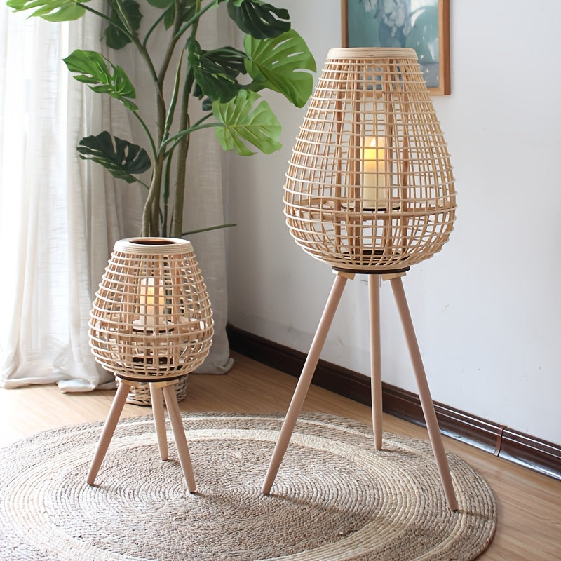 Hand-Woven Vine Lamp with Candle Holder – Rustic Floor Standing Lantern, Ideal for Home Decor, Balcony, Hotel, and Restaurant Ambiance, Lamps for Living Room