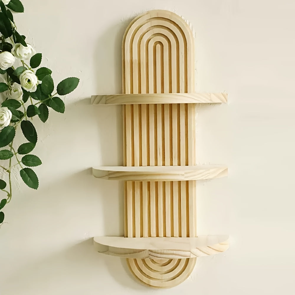 Natural Wood Color Bohemian-Style Three-Tier Wooden Shelf - Ergonomically Designed, Space-Saving Curved Layered Storage Rack, Suitable for 100 Scenarios Including Bathroom, Living Room, Bedroom, And Kitchen - Modern Farmhouse Decor