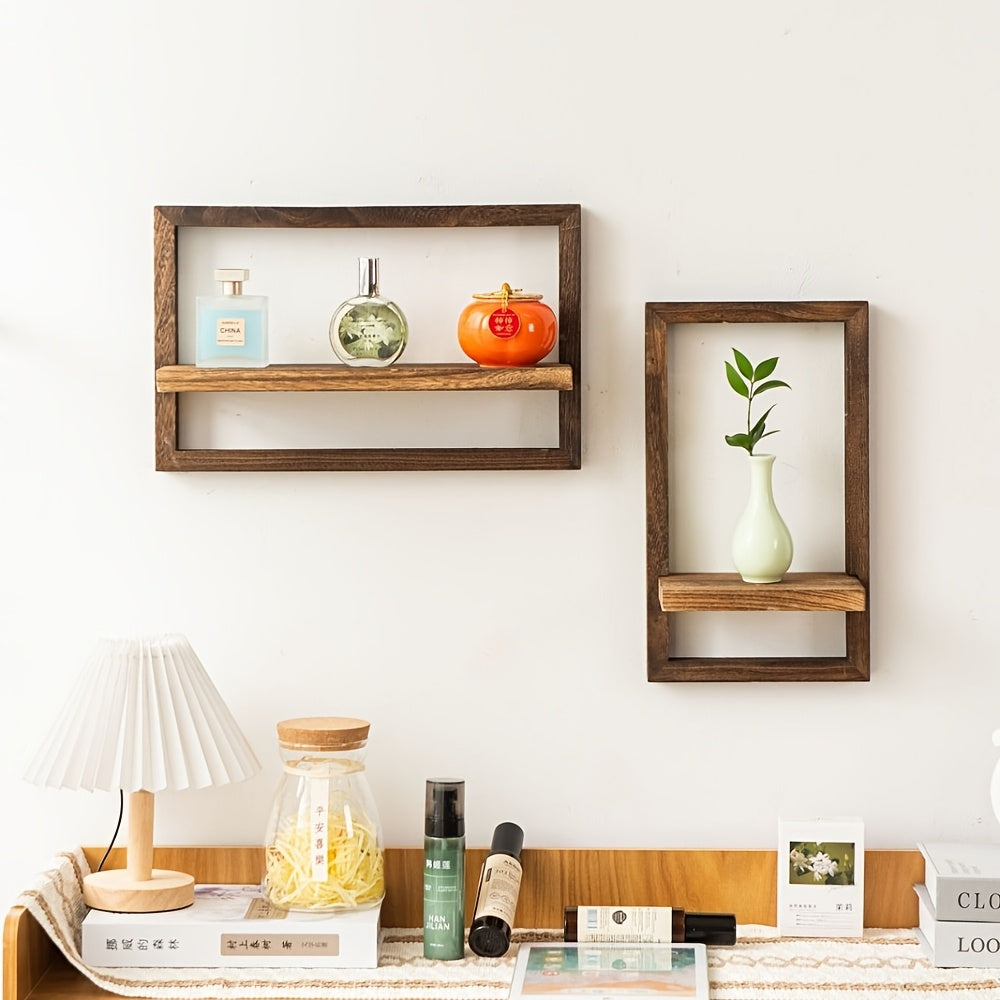 A Set of 2 Paulownia Wood Floating Shelves - Rich Brown Horizontal and Vertical Rectangular Racks for Home Decor, Small Ornament Storage for Living Room\u002FBedroom\u002FBathroom