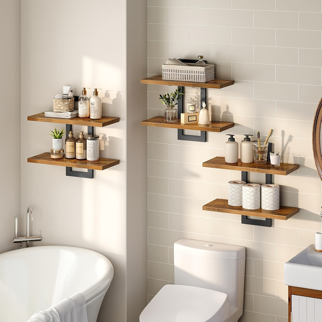 Floating Wood Shelves Set Of 2, Farmhouse Wall Mounted Shelf for Bedroom, Bathroom Shelves for Storage, Modern Display Rack for Decor, Hanging Wall Shelves for Room - Rustic Brown, Floating Shelves