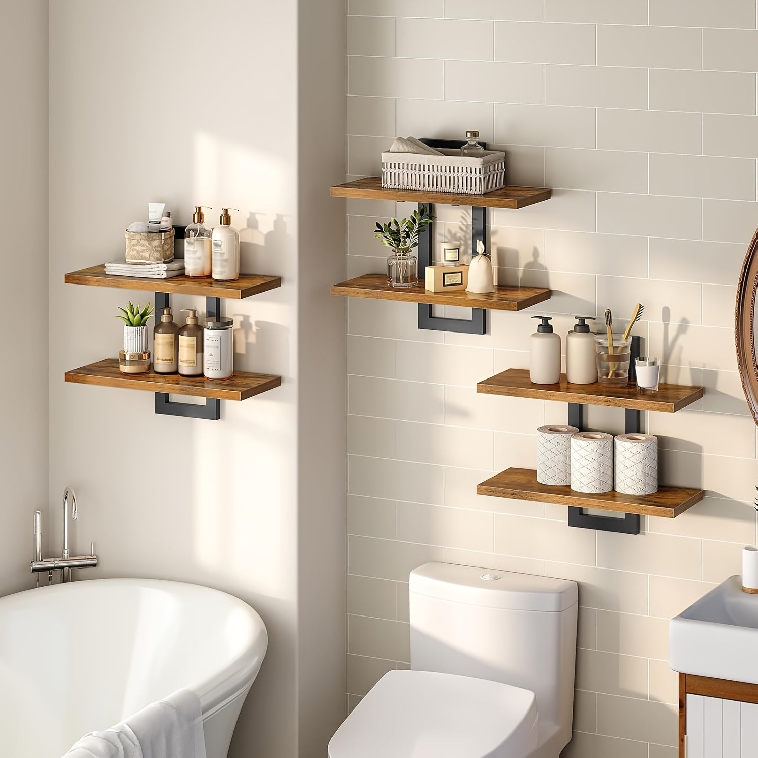 Floating Wood Shelves Set Of 2, Farmhouse Wall Mounted Shelf for Bedroom, Bathroom Shelves for Storage, Modern Display Rack for Decor, Hanging Wall Shelves for Room - Rustic Brown, Floating Shelves