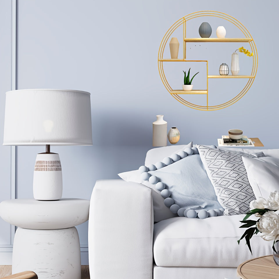 Golden, Black, Four-layer Multi-functional Storage Shelf, Round Wall-mounted Floating Shelf - Iron and Wood Combination, Living Room, Bedroom, Bathroom, Dining and Farmhouse Storage Multi-functional Organizer (lights Not Included), Floating Shelves