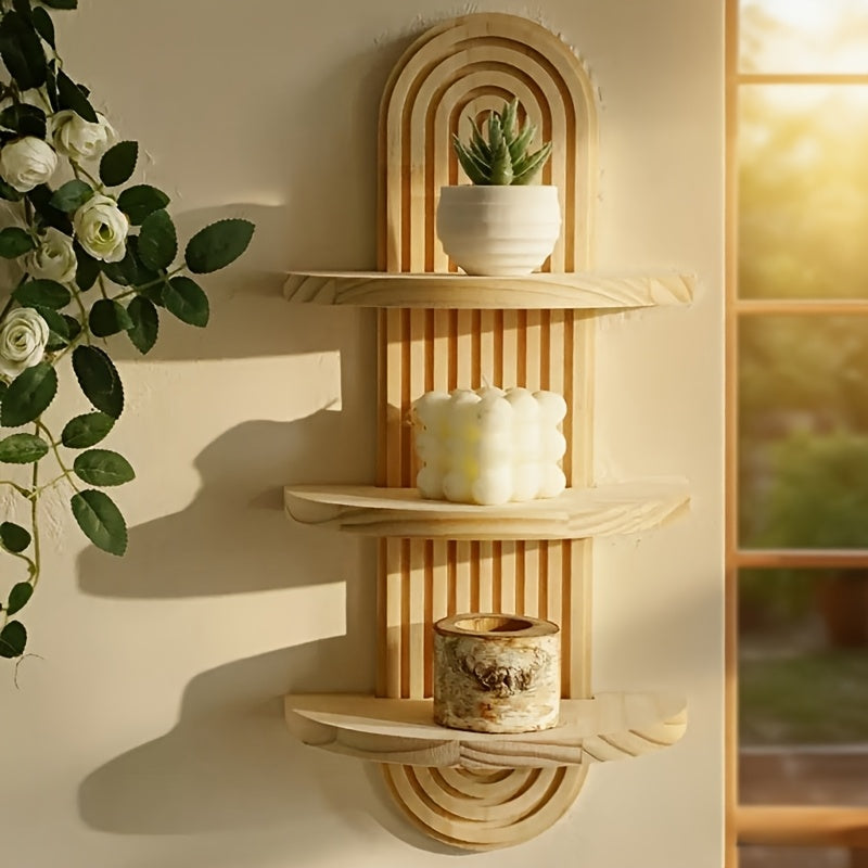 Natural Wood Color Bohemian-Style Three-Tier Wooden Shelf - Ergonomically Designed, Space-Saving Curved Layered Storage Rack, Suitable for 100 Scenarios Including Bathroom, Living Room, Bedroom, And Kitchen - Modern Farmhouse Decor