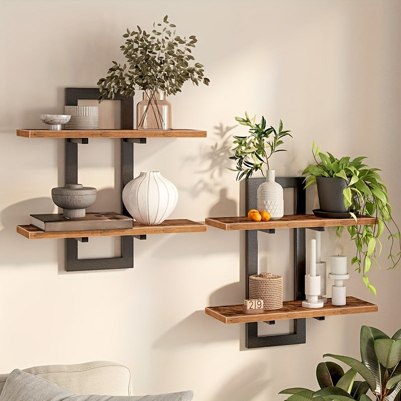 Floating Wood Shelves Set Of 2, Farmhouse Wall Mounted Shelf for Bedroom, Bathroom Shelves for Storage, Modern Display Rack for Decor, Hanging Wall Shelves for Room - Rustic Brown, Floating Shelves