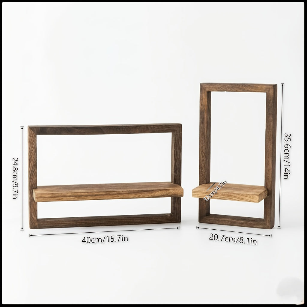 A Set of 2 Paulownia Wood Floating Shelves - Rich Brown Horizontal and Vertical Rectangular Racks for Home Decor, Small Ornament Storage for Living Room\u002FBedroom\u002FBathroom