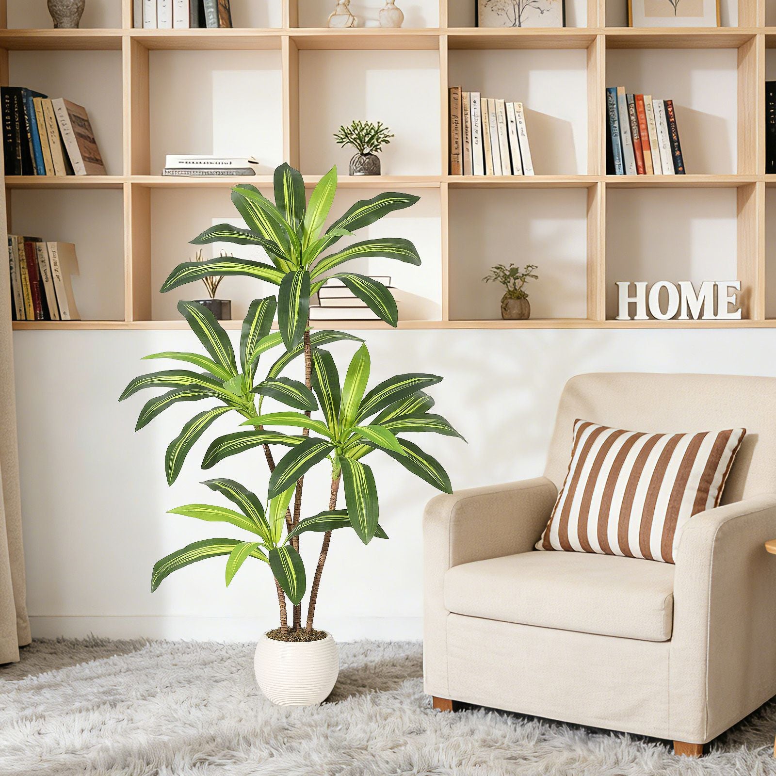 1pc Realistic Artificial Dracaena Tree\u002FYucca Plant in White Ribbed Pot - Low-Maintenance Fake Floor Tree Suitable for, Office, \u002F Decor, Plastic Faux Yucca with Pot for Parties, Events, Modern Spaces - No Maintenance