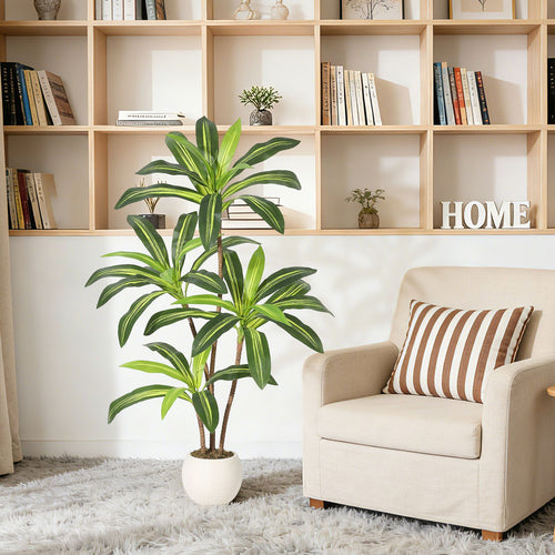1pc Realistic Artificial Dracaena Tree\u002FYucca Plant in White Ribbed Pot - Low-Maintenance Fake Floor Tree Suitable for, Office, \u002F Decor, Plastic Faux Yucca with Pot for Parties, Events, Modern Spaces - No Maintenance