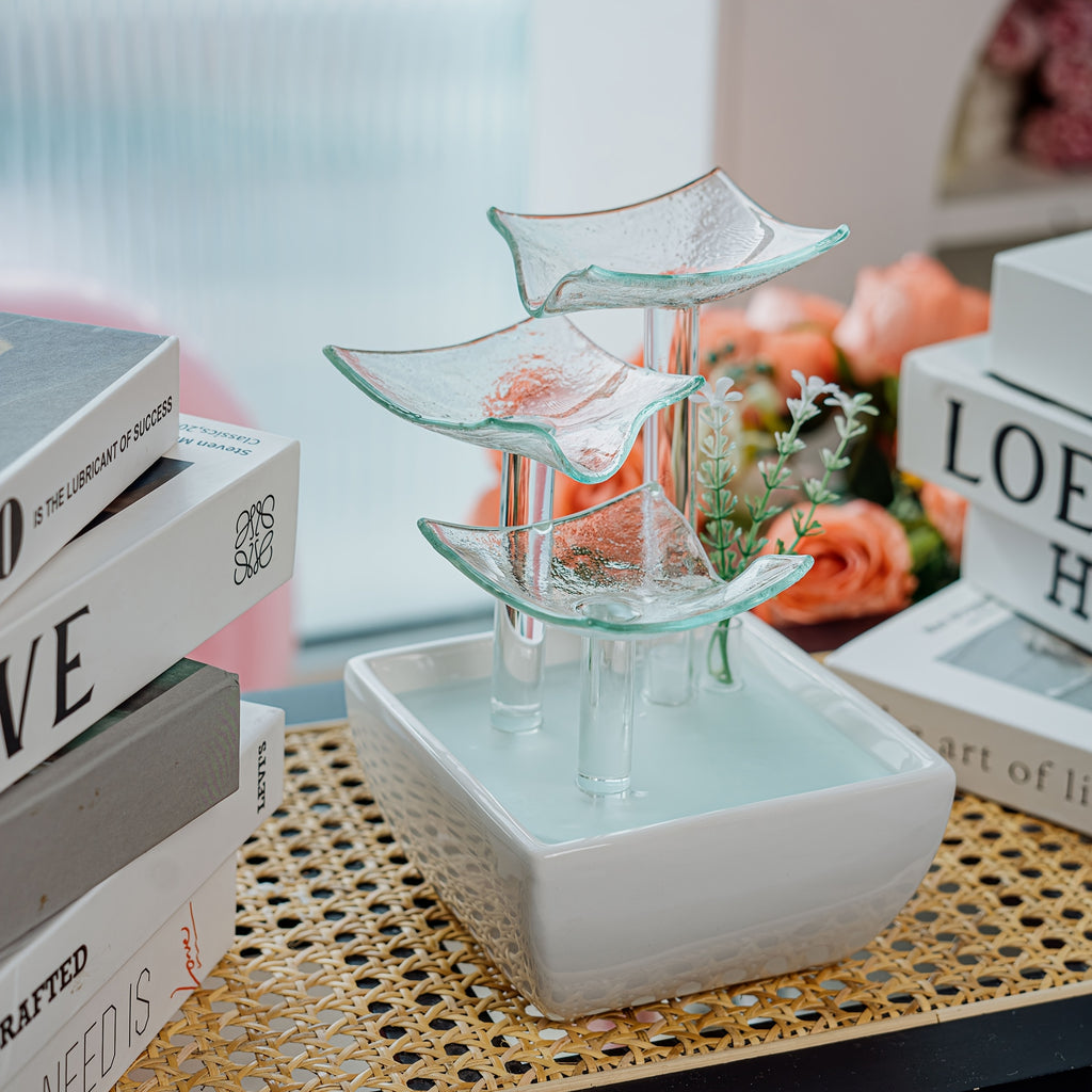1pc Glass Tabletop Fountain Fiberglass And Ceramic Material Office Tabletop Water Fountain Elegant Ceramic Water Fountain for Home Decoration Glass Water Fountain with Nice LED Business Gifts Decoration Fountain for Tabletop And for Home Decoration