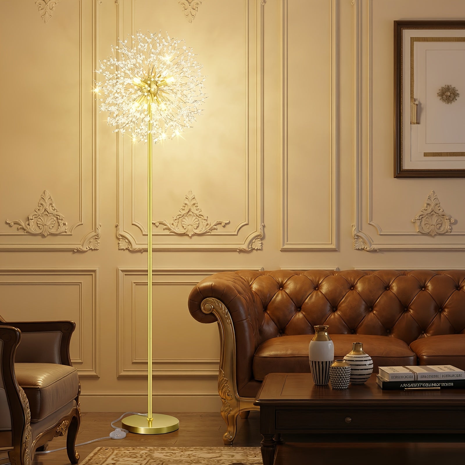 Modern Floor Lamp for Room: Golden Crystal Floor Lamps Tall Elegant Standing Lamp with On-Off Foot Switch - Standing Lamp for Bedroom - Tall Floor Lamp for Office Corner Bulbs,Living Room Floor Lamp, Gift, Festival, Ambient Light, No Included