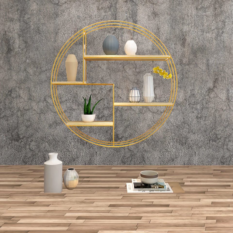 Golden, Black, Four-layer Multi-functional Storage Shelf, Round Wall-mounted Floating Shelf - Iron and Wood Combination, Living Room, Bedroom, Bathroom, Dining and Farmhouse Storage Multi-functional Organizer (lights Not Included), Floating Shelves