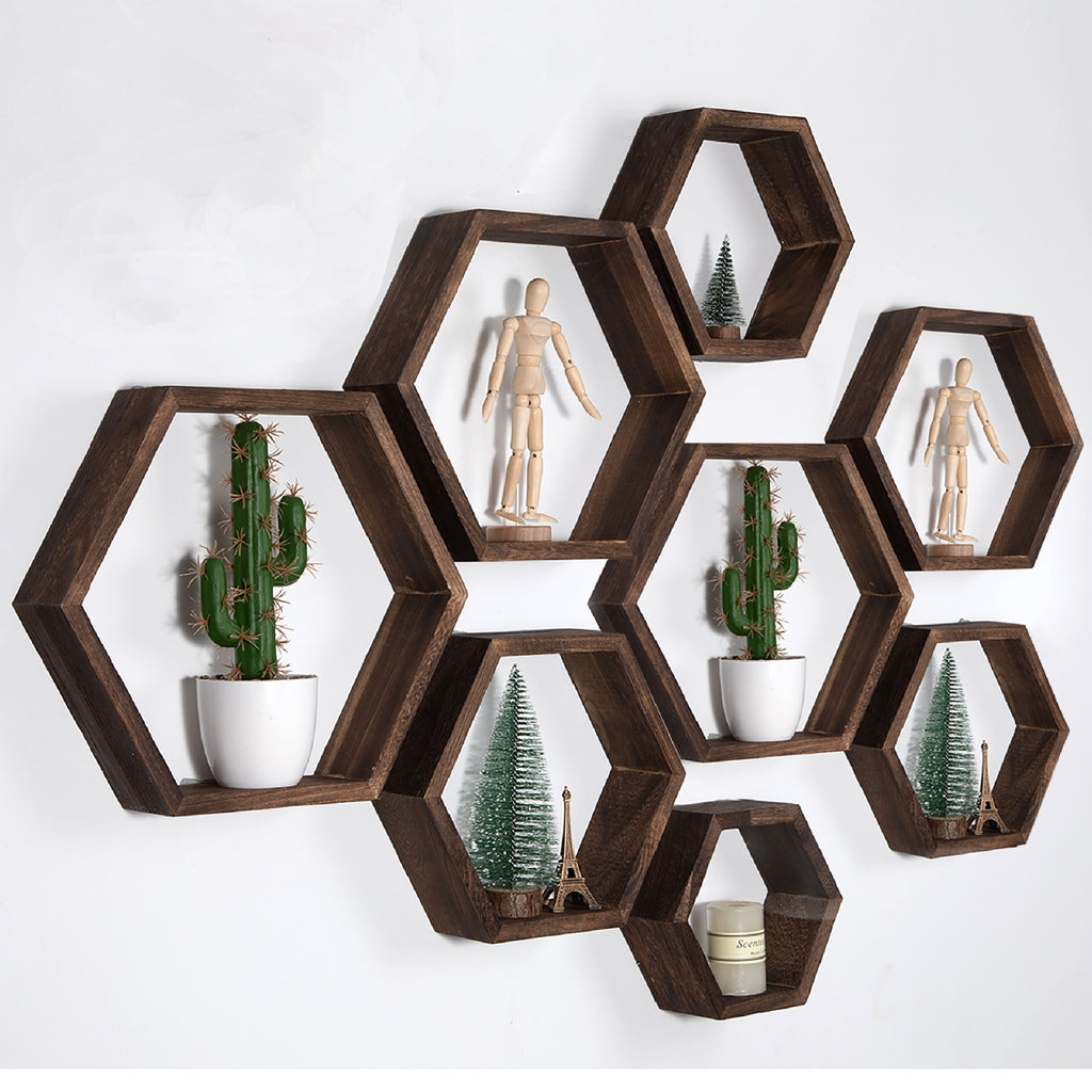 5pcs Driftwood Finish Hexagon Floating Shelves - Wall Mounted Wood Storage for Bathroom, Bedroom, Living Room