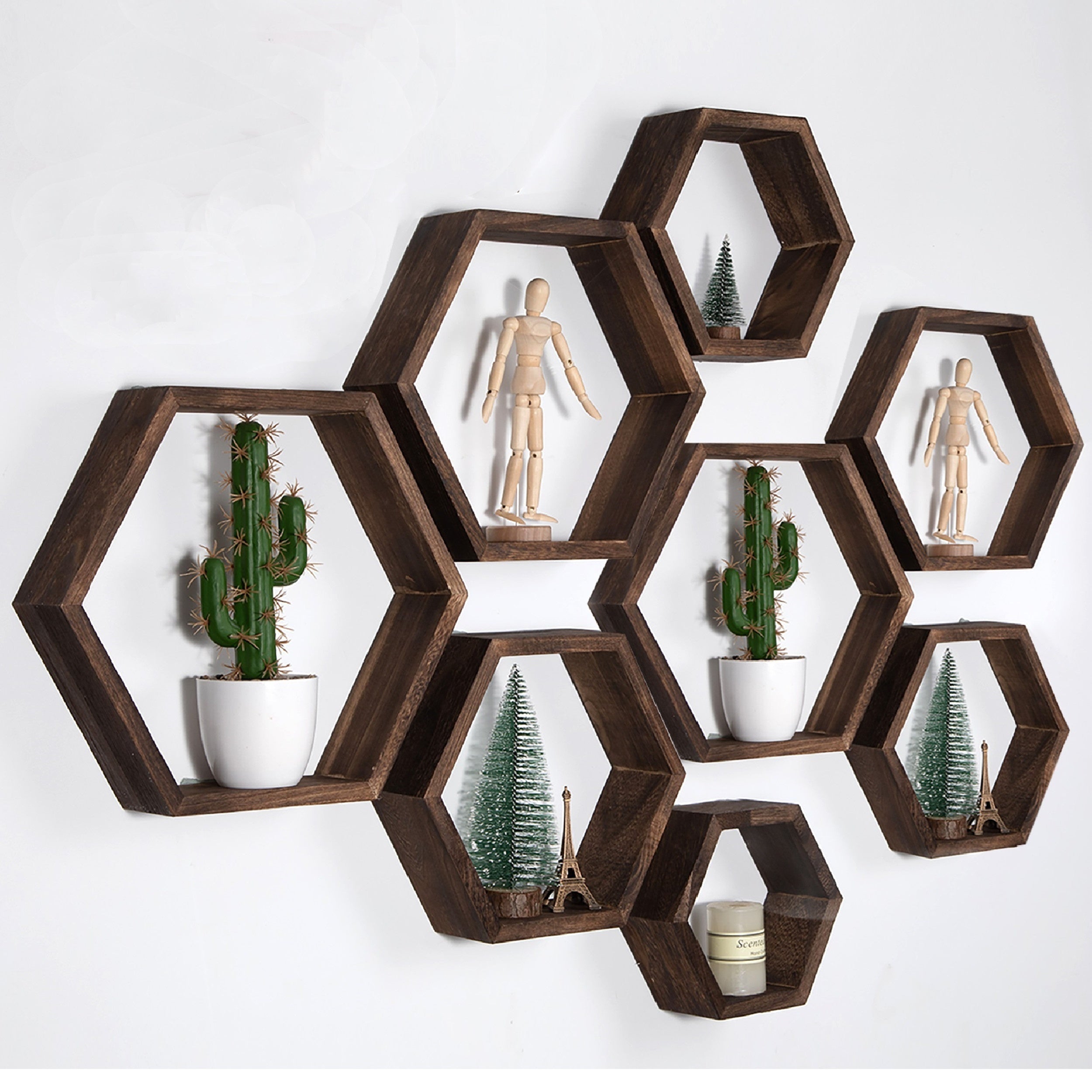 5pcs Driftwood Finish Hexagon Floating Shelves - Wall Mounted Wood Storage for Bathroom, Bedroom, Living Room