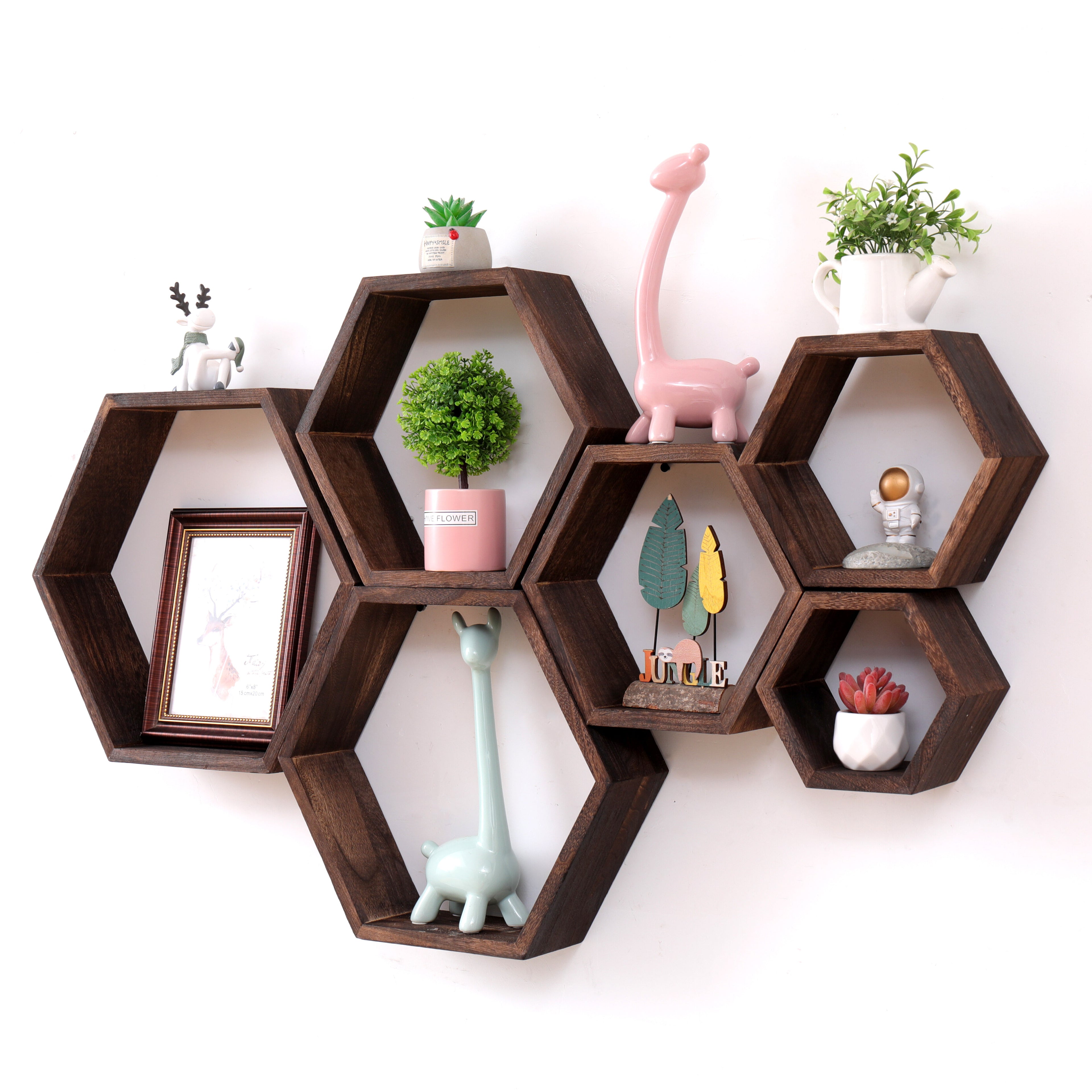 5pcs Driftwood Finish Hexagon Floating Shelves - Wall Mounted Wood Storage for Bathroom, Bedroom, Living Room