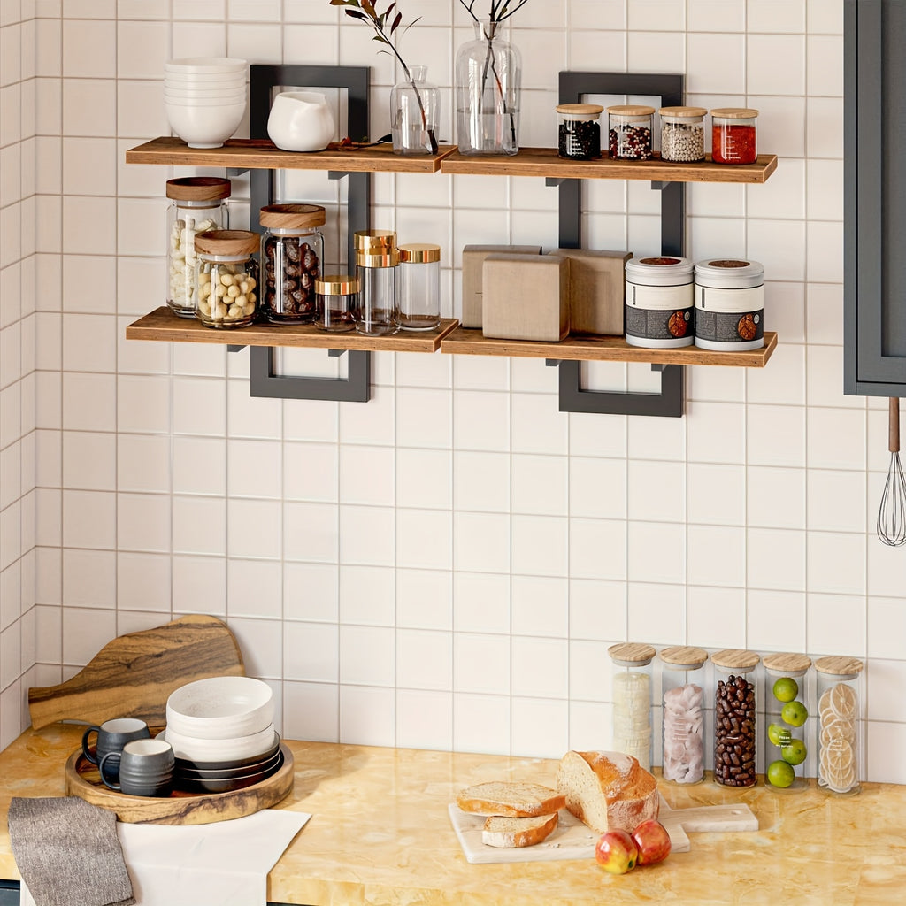 Floating Wood Shelves Set Of 2, Farmhouse Wall Mounted Shelf for Bedroom, Bathroom Shelves for Storage, Modern Display Rack for Decor, Hanging Wall Shelves for Room - Rustic Brown, Floating Shelves