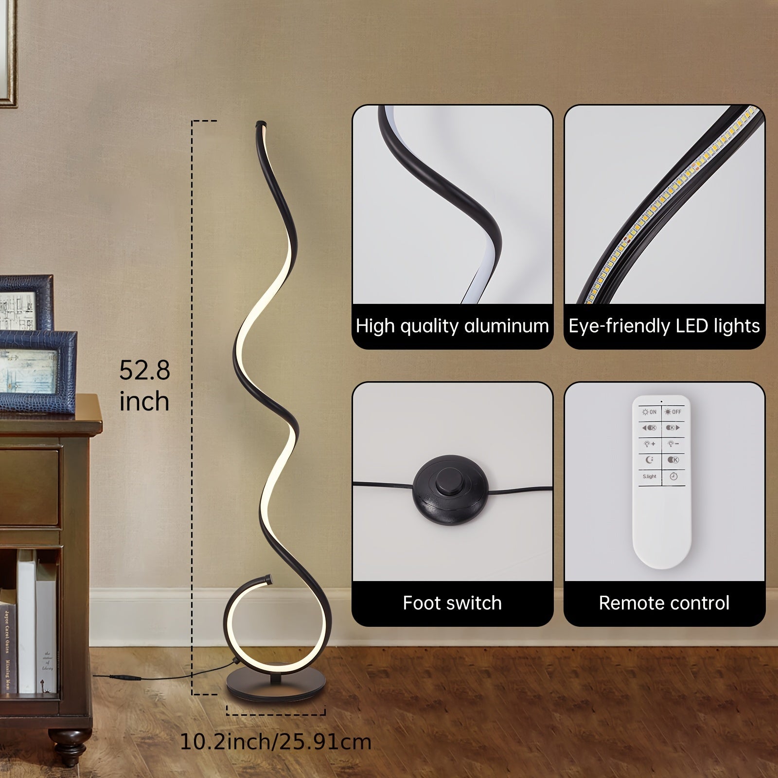 Spiral Floor Lamp 150CM 48W Modern Standing Lamp 3-Color Temperature Dimmable Timing Corner Lamp With Foot Button Switch Reading Lamp For Living Room Indoor Remote Control Tall Lamp