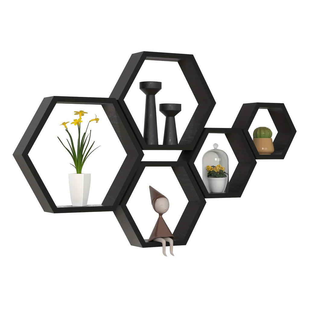 5pcs Driftwood Finish Hexagon Floating Shelves - Wall Mounted Wood Storage for Bathroom, Bedroom, Living Room