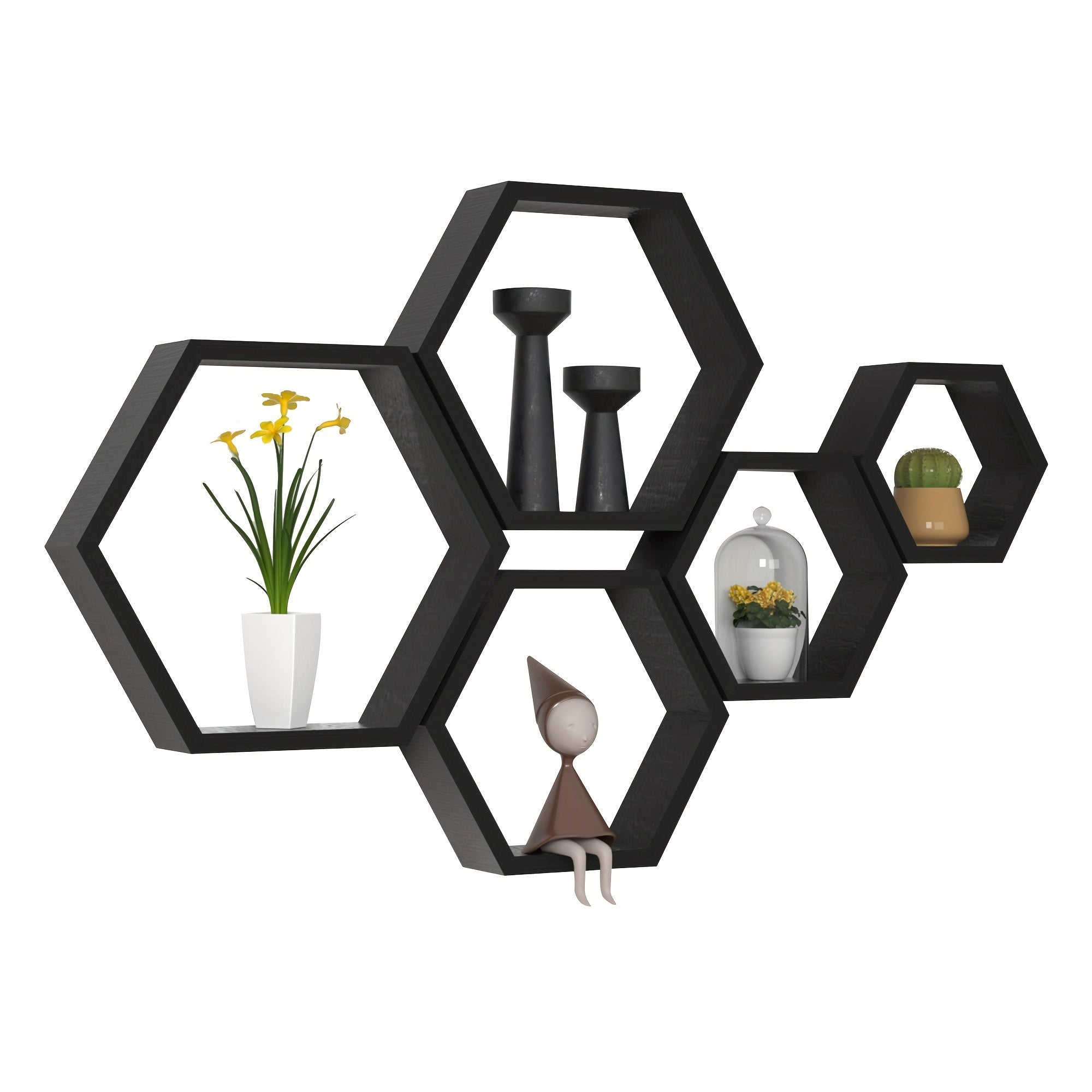 5pcs Driftwood Finish Hexagon Floating Shelves - Wall Mounted Wood Storage for Bathroom, Bedroom, Living Room