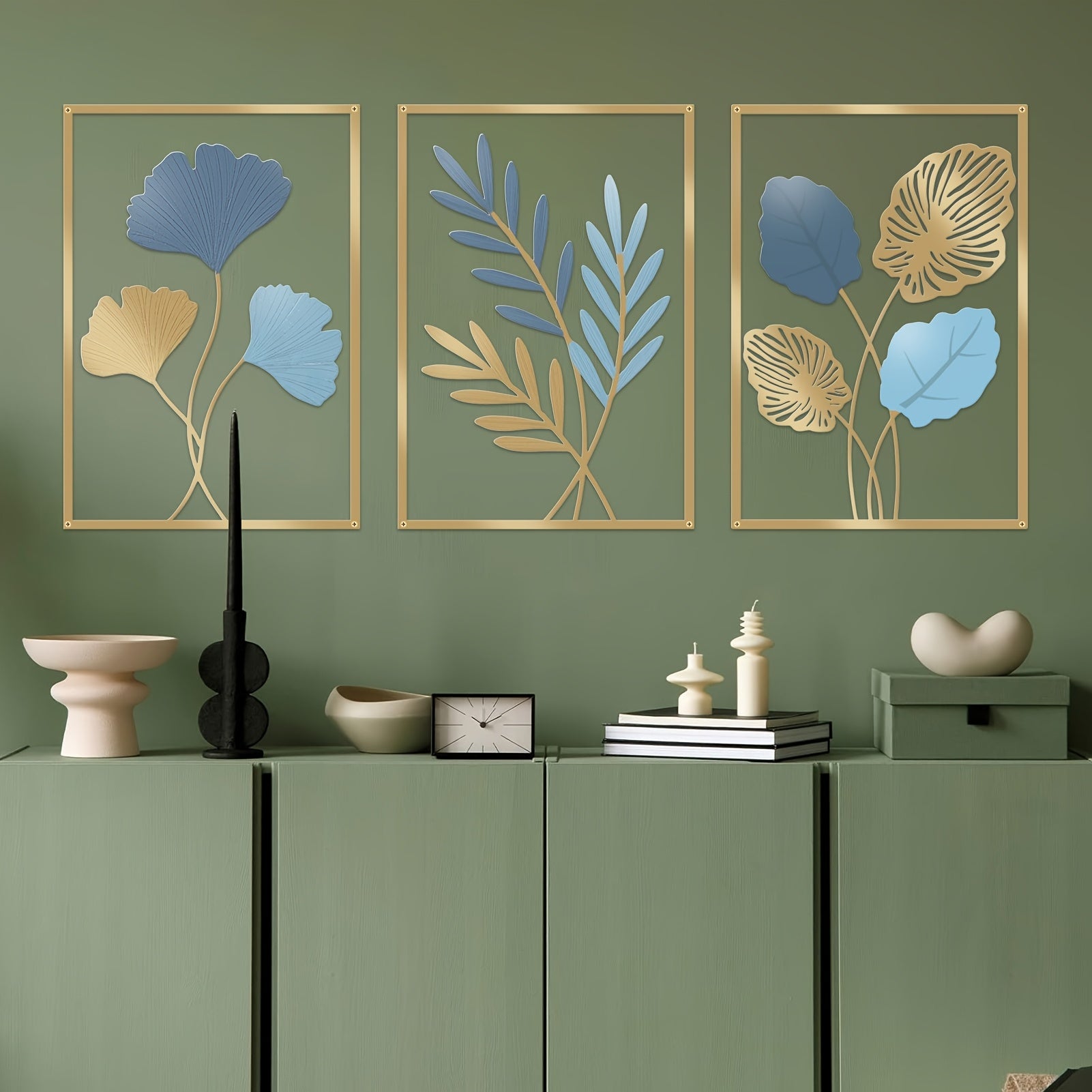 3pcs Metal Colored Statue Wall Decoration, Painted Ginkgo, Monstera, Olive Branch Plant Wall Decoration, Living Room, Bedroom, Bathroom, Office, Apartment Art Decoration, Wall Decoration, Room Decoration, New Home Decoration, Home Decoration