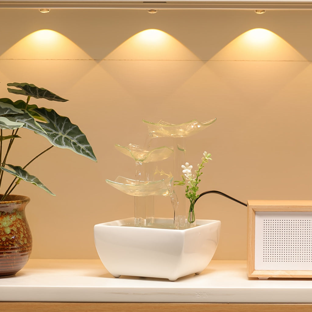 1pc Glass & Ceramic Desktop Fountain with LED Lighting - USB-Powered Soothing Waterfall Decor for Home & Office, Handcrafted Serene Atmosphere for Living Room, Bedroom, Business Gifts, Water Fountain Indoor Decoration, Artificial Waterfall Design
