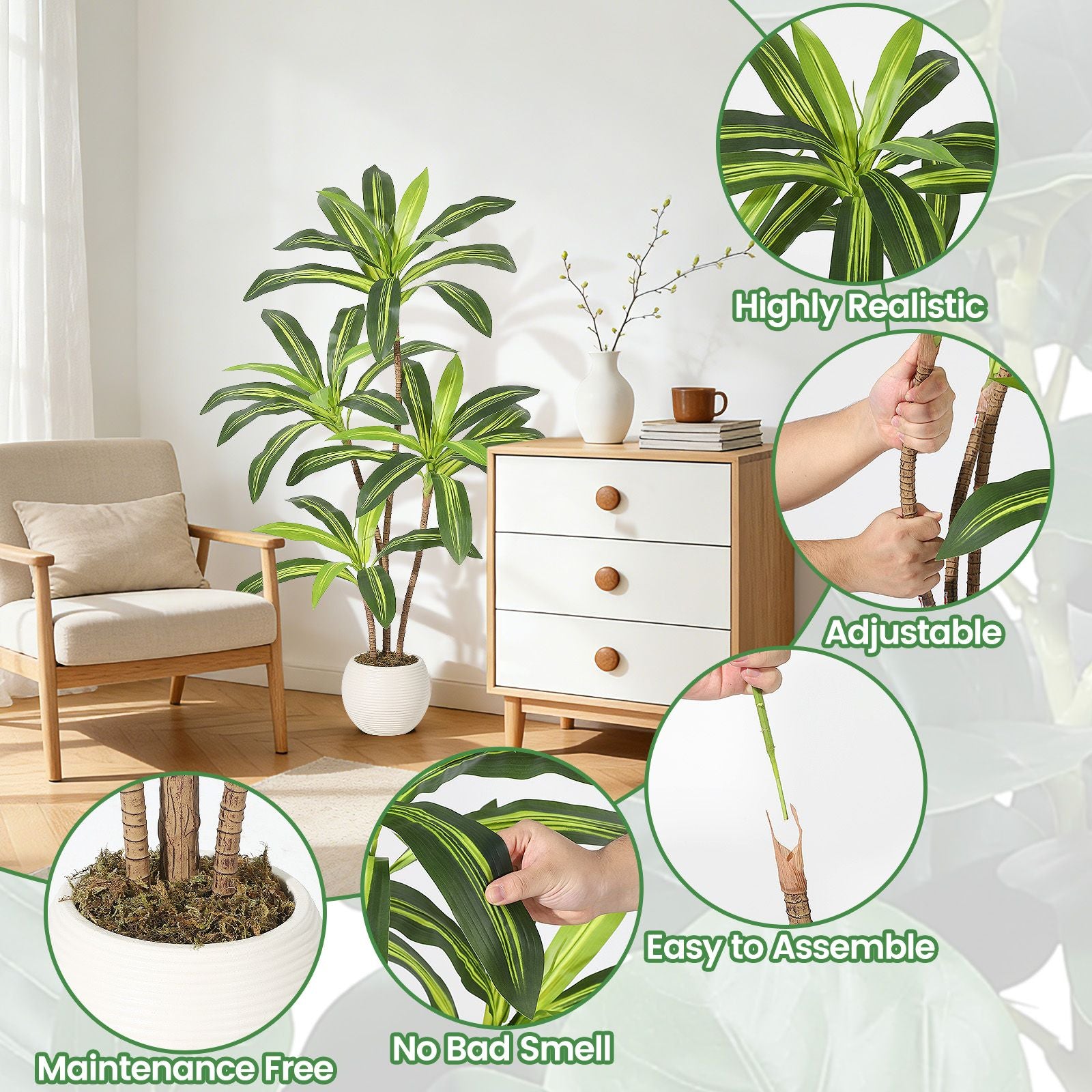 1pc Realistic Artificial Dracaena Tree\u002FYucca Plant in White Ribbed Pot - Low-Maintenance Fake Floor Tree Suitable for, Office, \u002F Decor, Plastic Faux Yucca with Pot for Parties, Events, Modern Spaces - No Maintenance