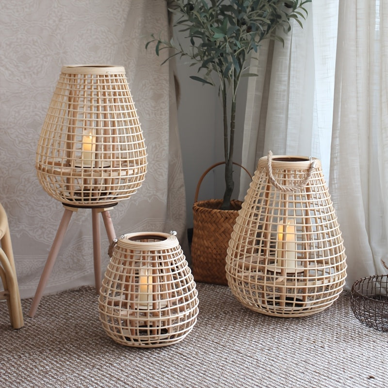 Hand-Woven Vine Lamp with Candle Holder – Rustic Floor Standing Lantern, Ideal for Home Decor, Balcony, Hotel, and Restaurant Ambiance, Lamps for Living Room