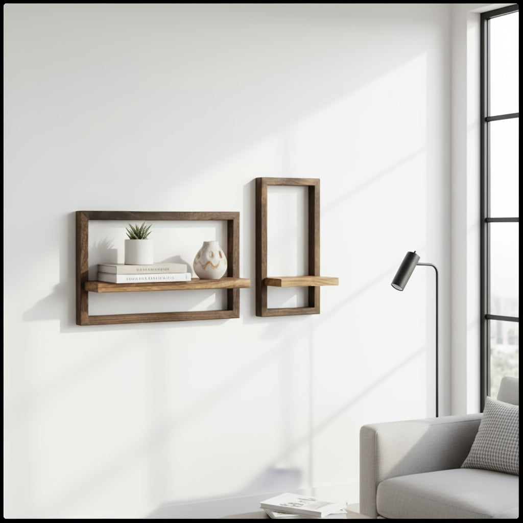 A Set of 2 Paulownia Wood Floating Shelves - Rich Brown Horizontal and Vertical Rectangular Racks for Home Decor, Small Ornament Storage for Living Room\u002FBedroom\u002FBathroom
