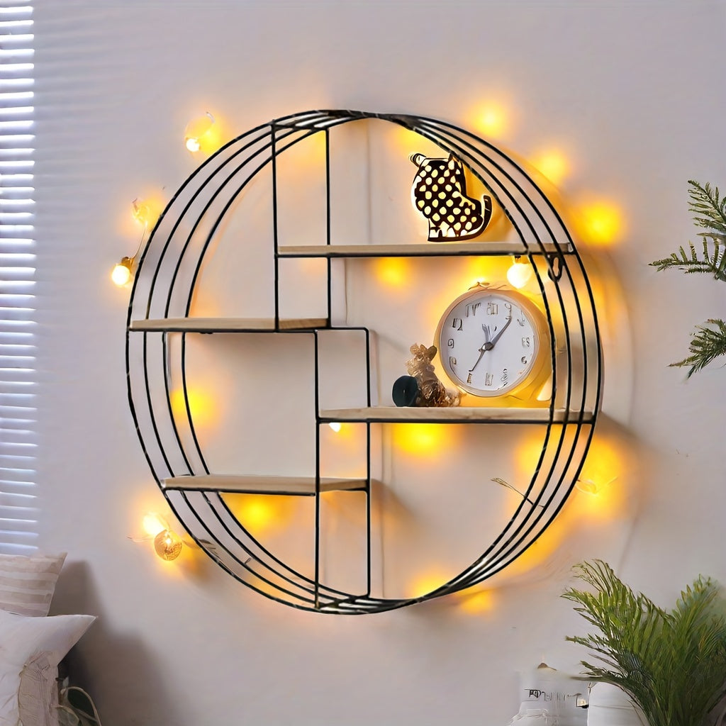 Golden, Black, Four-layer Multi-functional Storage Shelf, Round Wall-mounted Floating Shelf - Iron and Wood Combination, Living Room, Bedroom, Bathroom, Dining and Farmhouse Storage Multi-functional Organizer (lights Not Included), Floating Shelves
