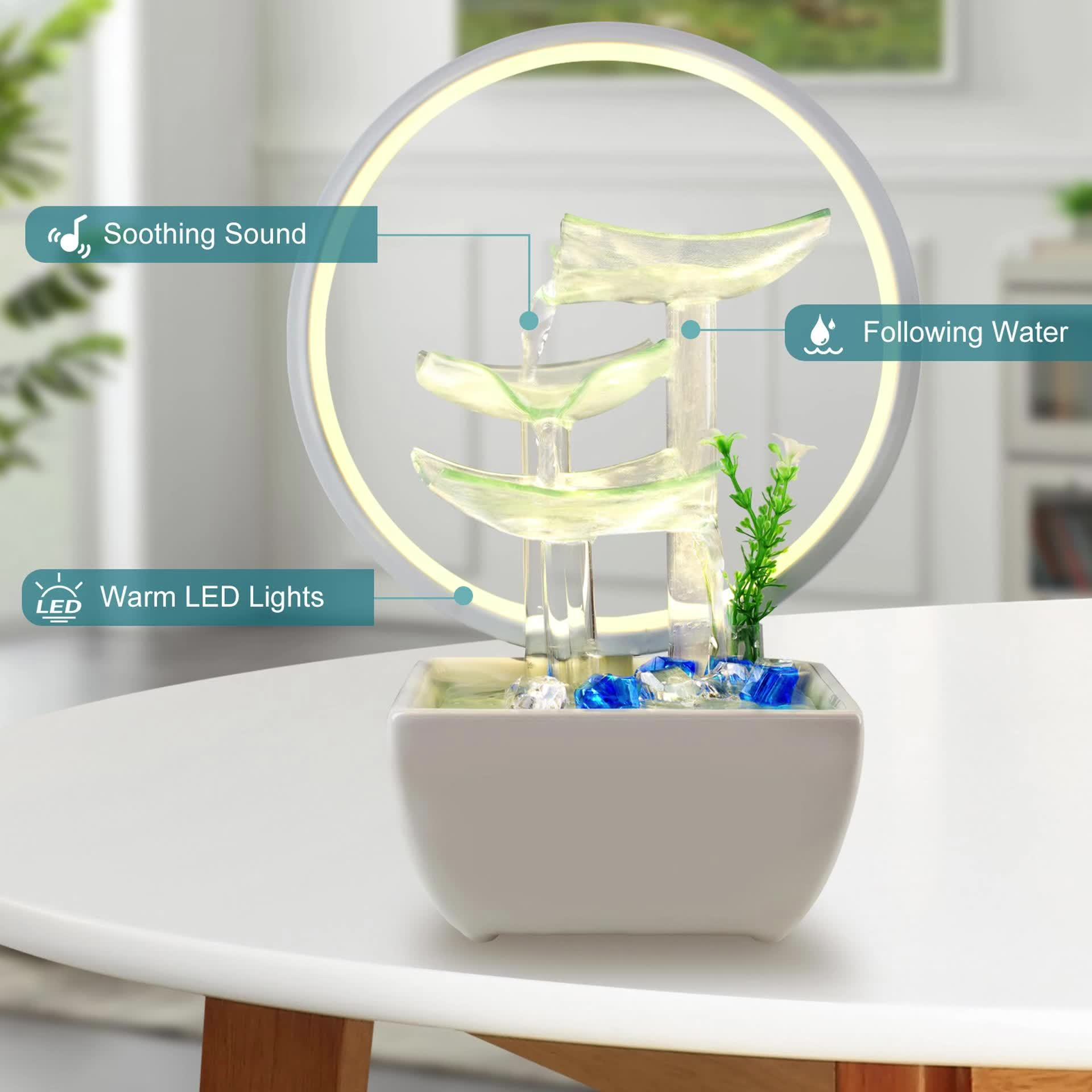 1pc Glass Tabletop Fountain Fiberglass And Ceramic Material Office Tabletop Water Fountain Elegant Ceramic Water Fountain for Home Decoration Glass Water Fountain with Nice LED Business Gifts Decoration Fountain for Tabletop And for Home Decoration